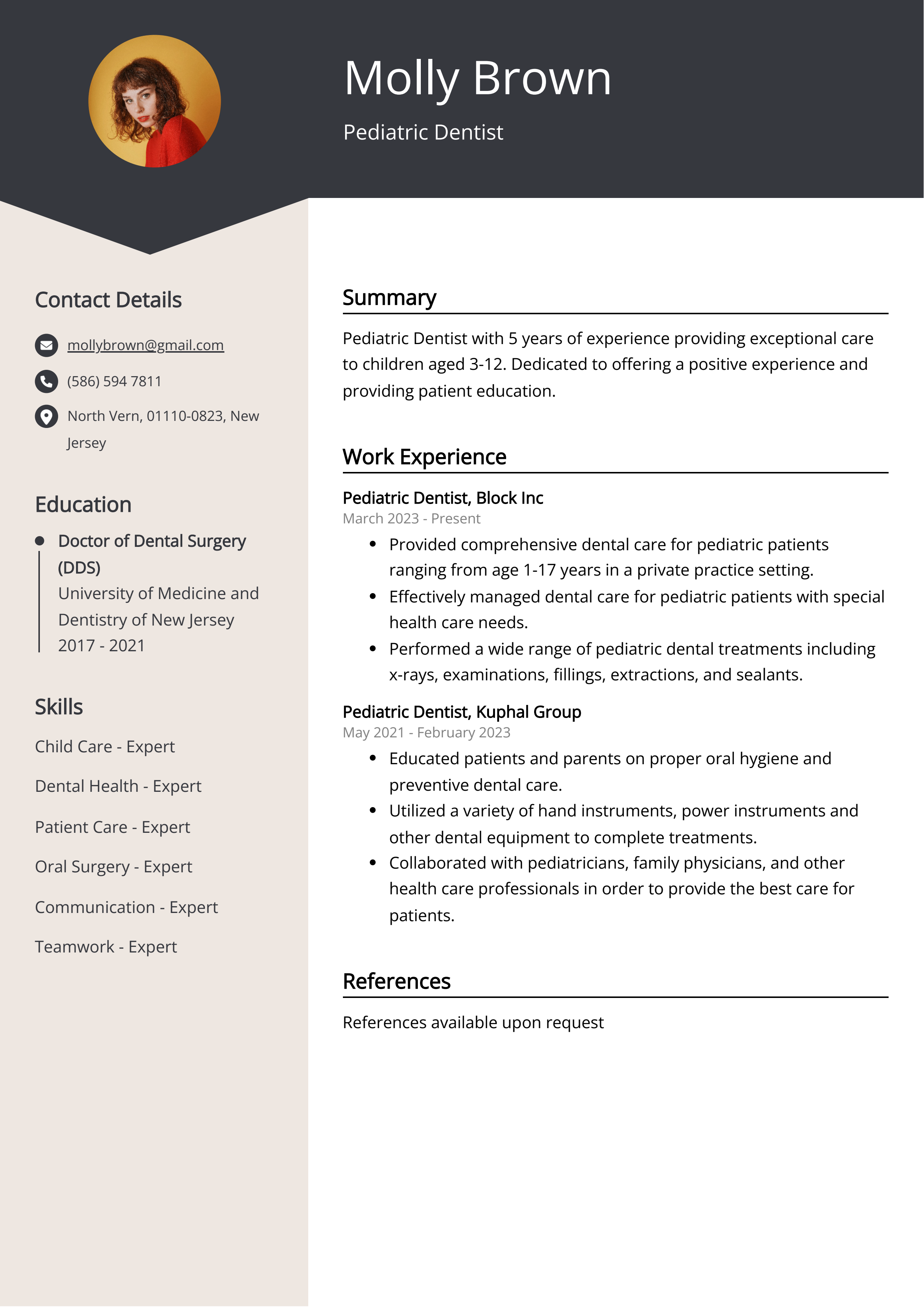 Pediatric Dentist CV Example