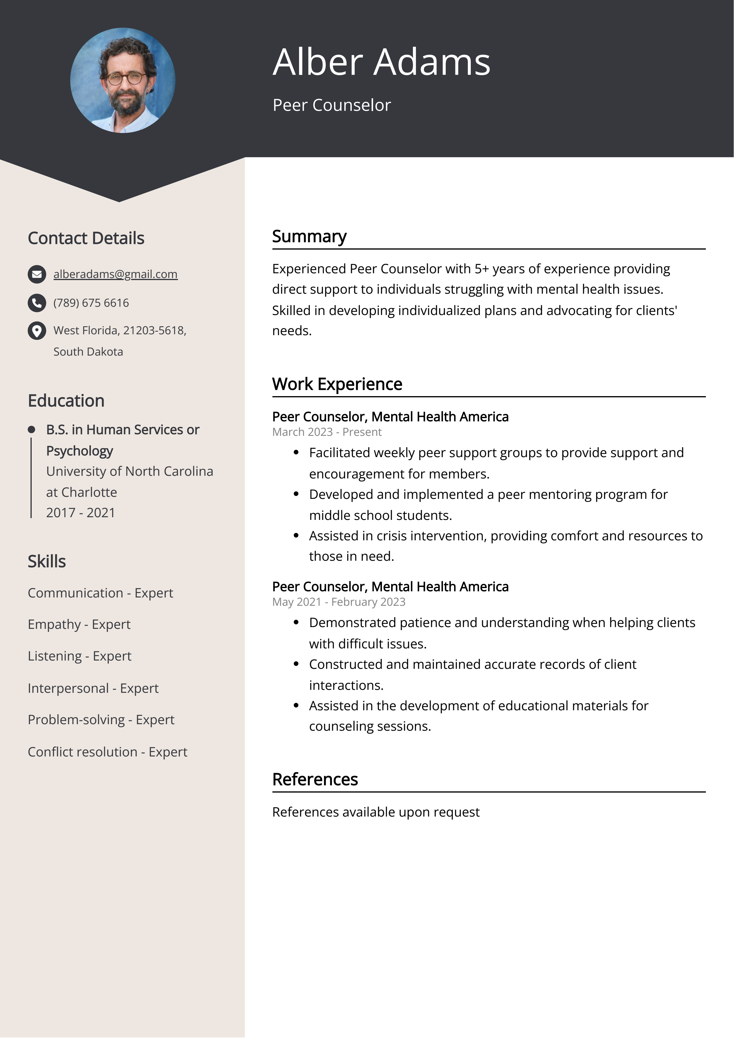 Peer Counselor CV Example