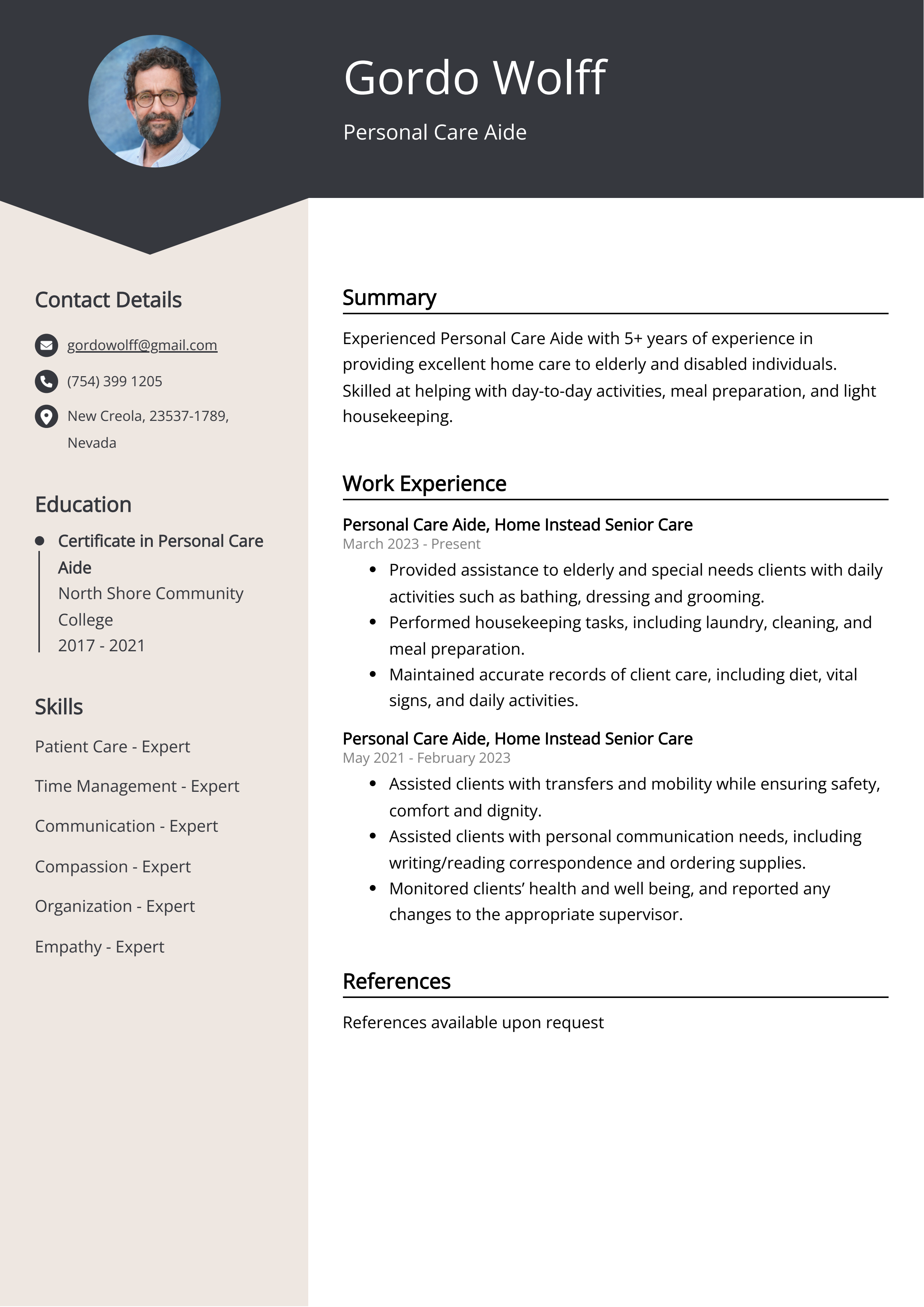 Personal Care Aide CV Example