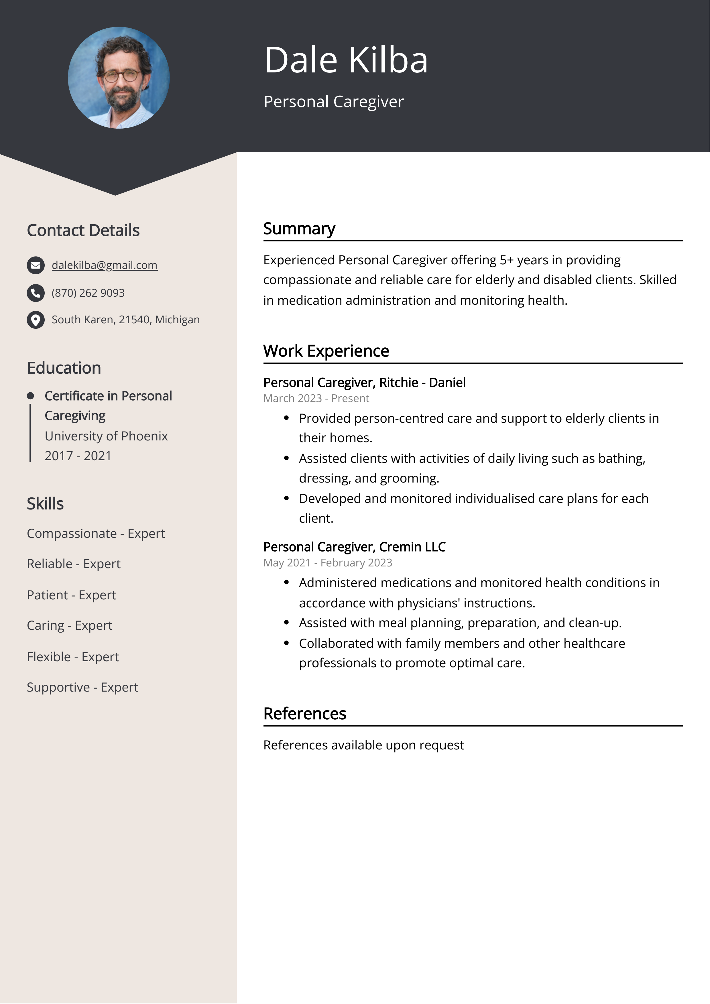 Personal Caregiver CV Example