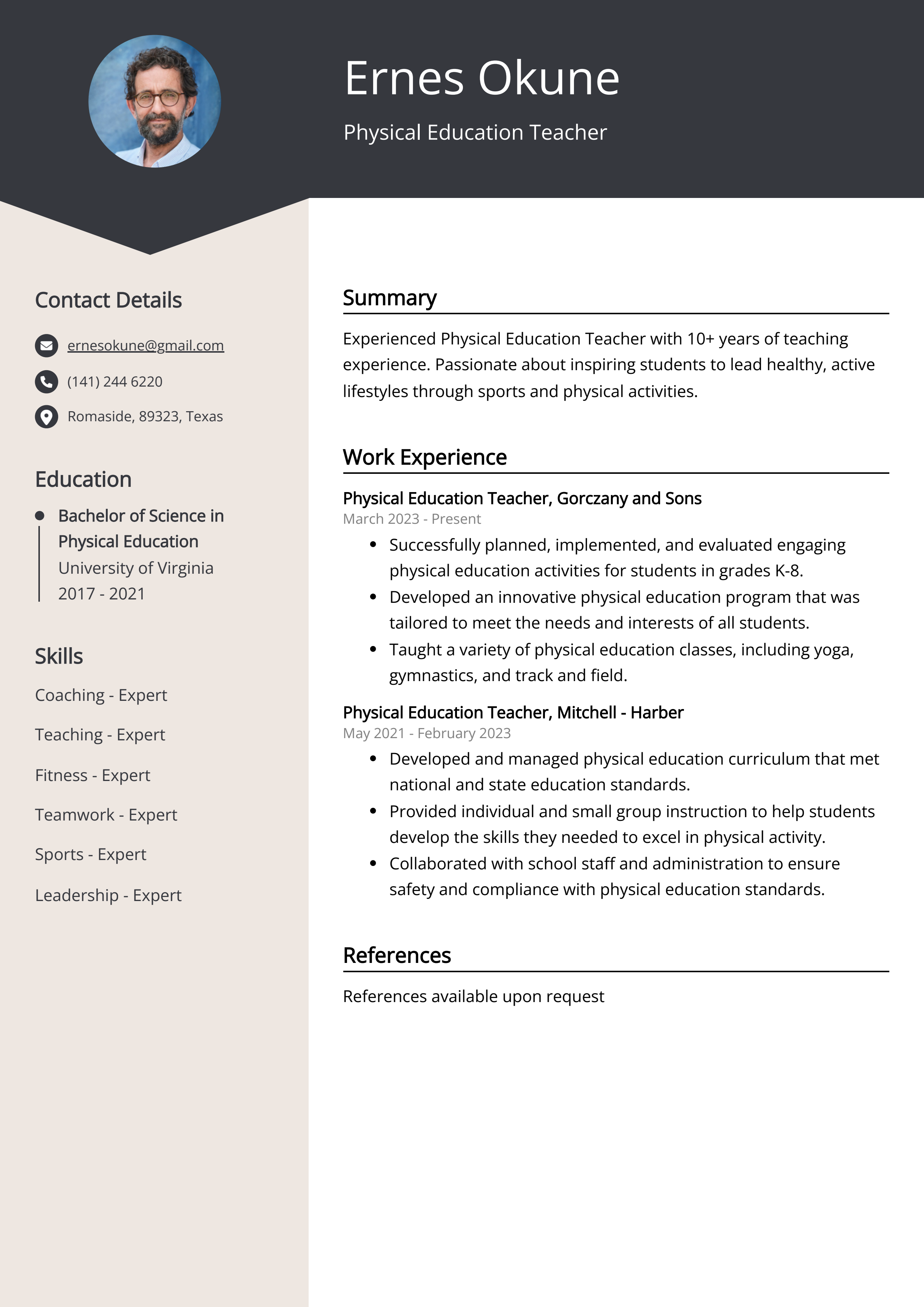 Physical Education Teacher CV Example