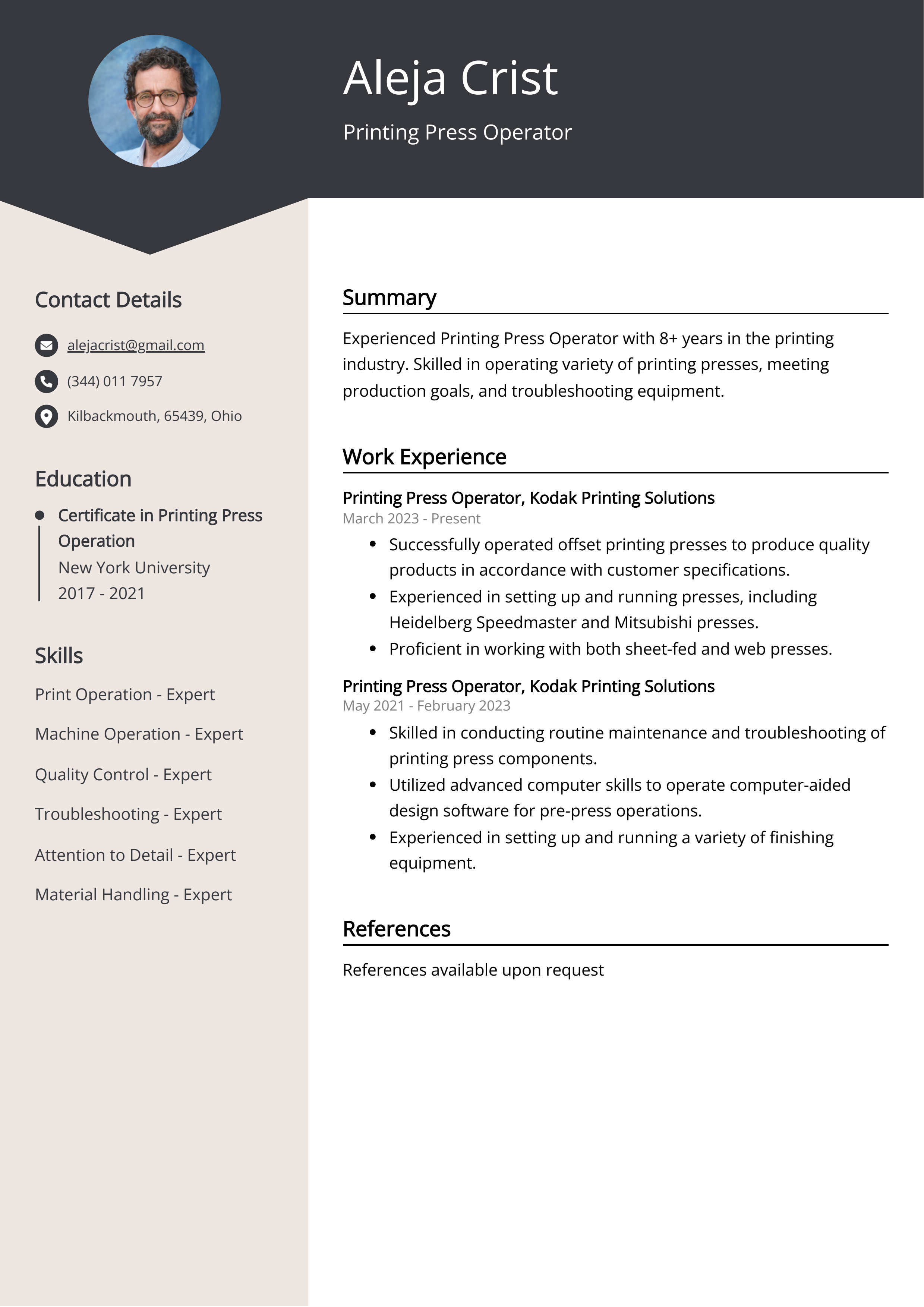 Printing Press Operator CV Example