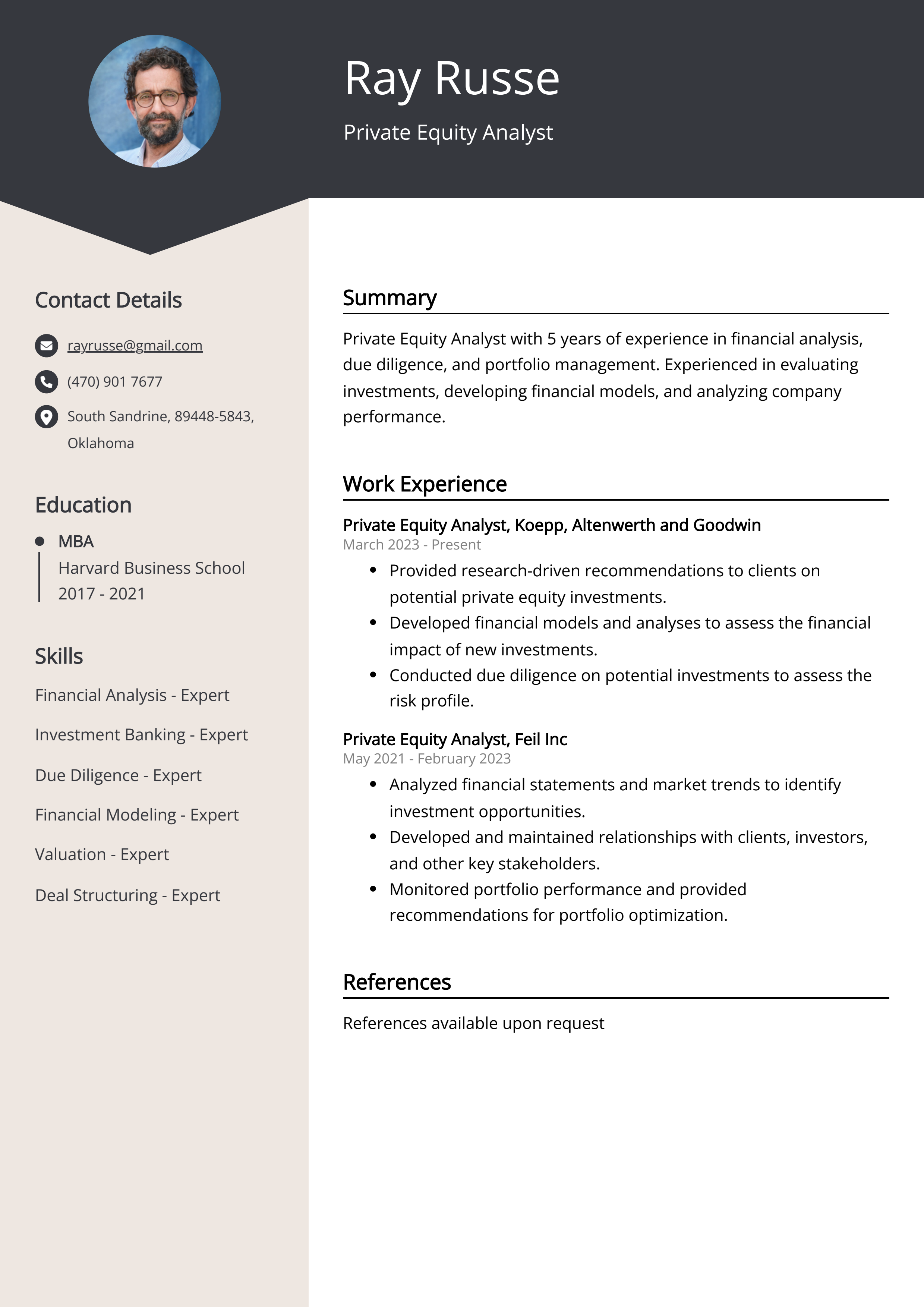 Private Equity Analyst CV Example