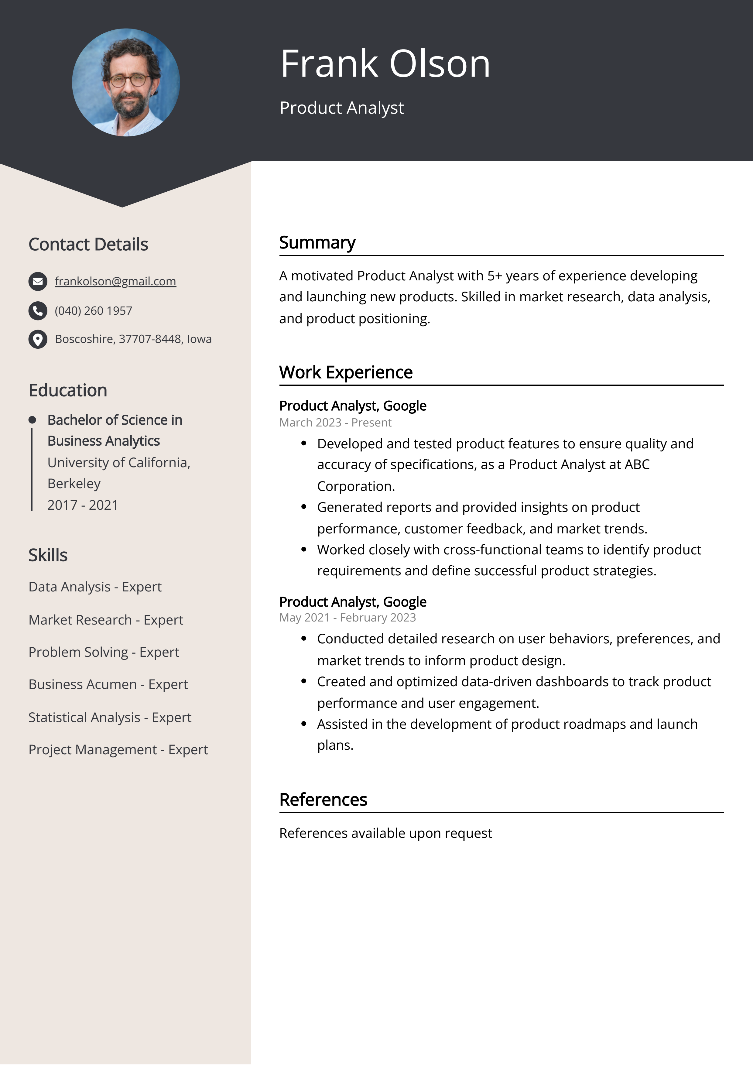 Product Analyst CV Example