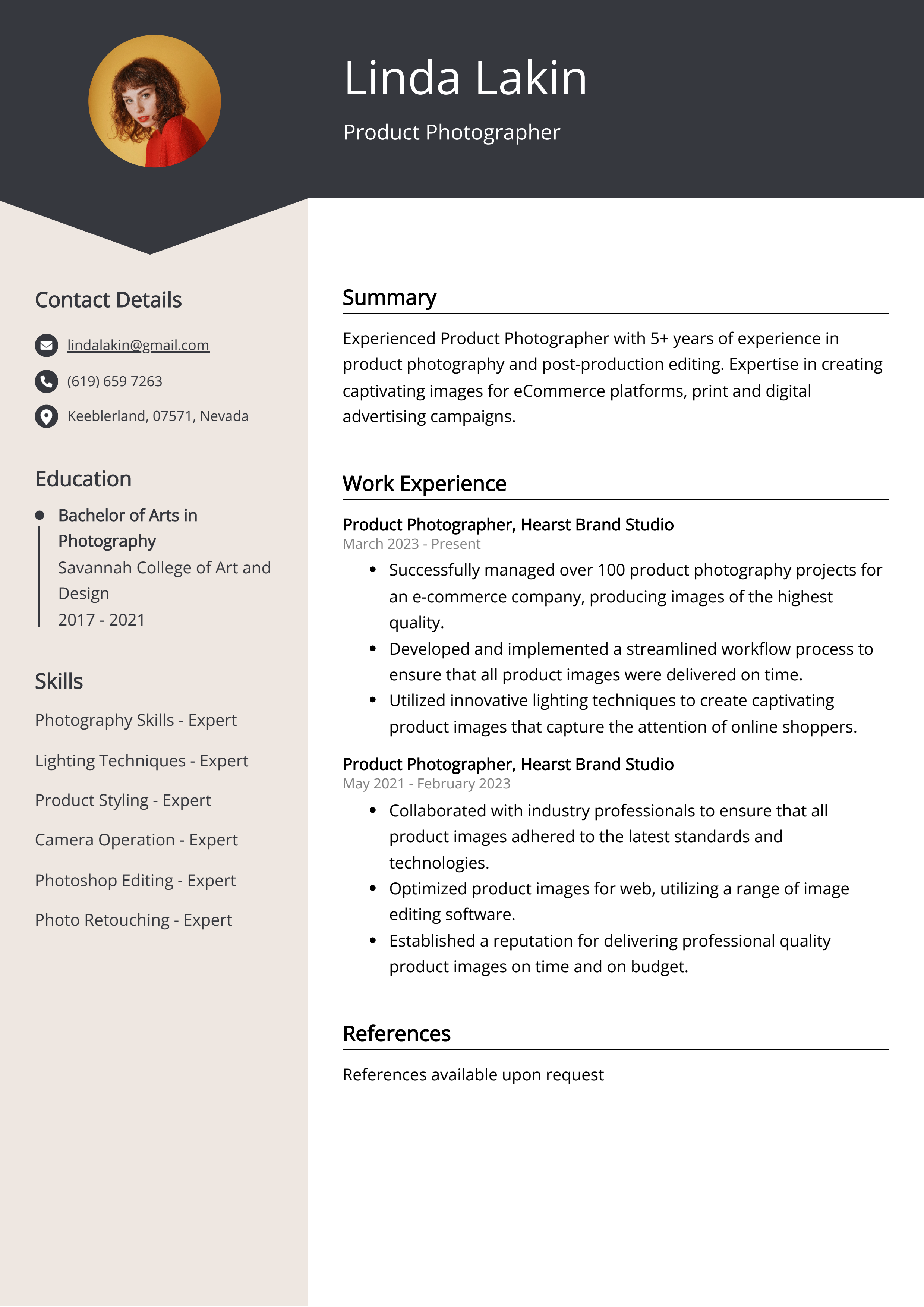 Product Photographer CV Example