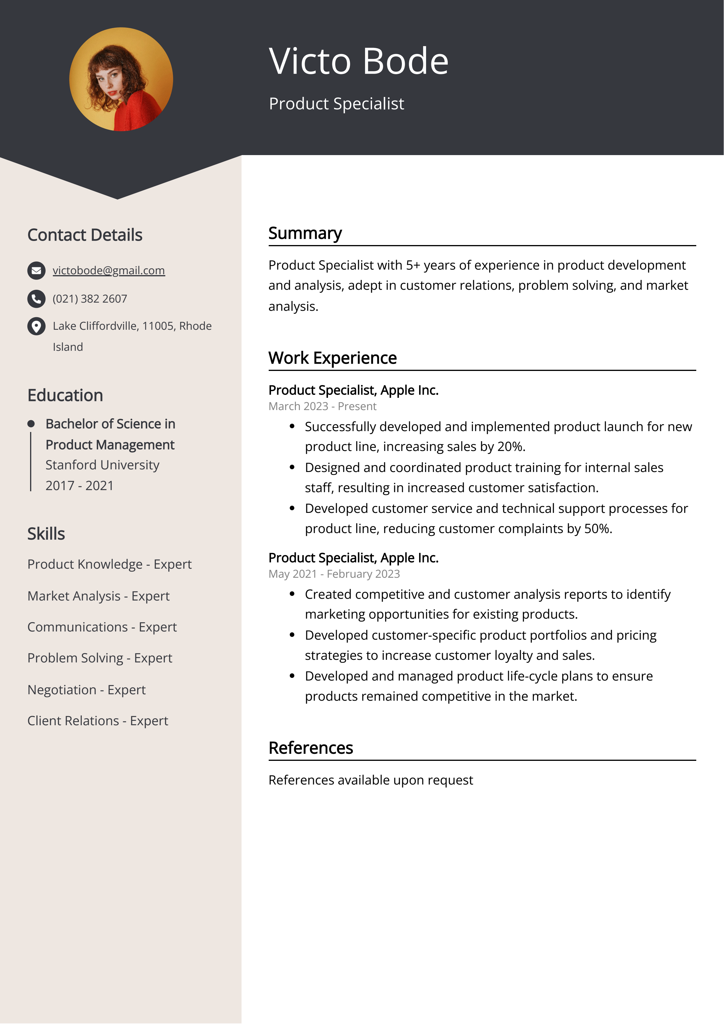 Product Specialist CV Example