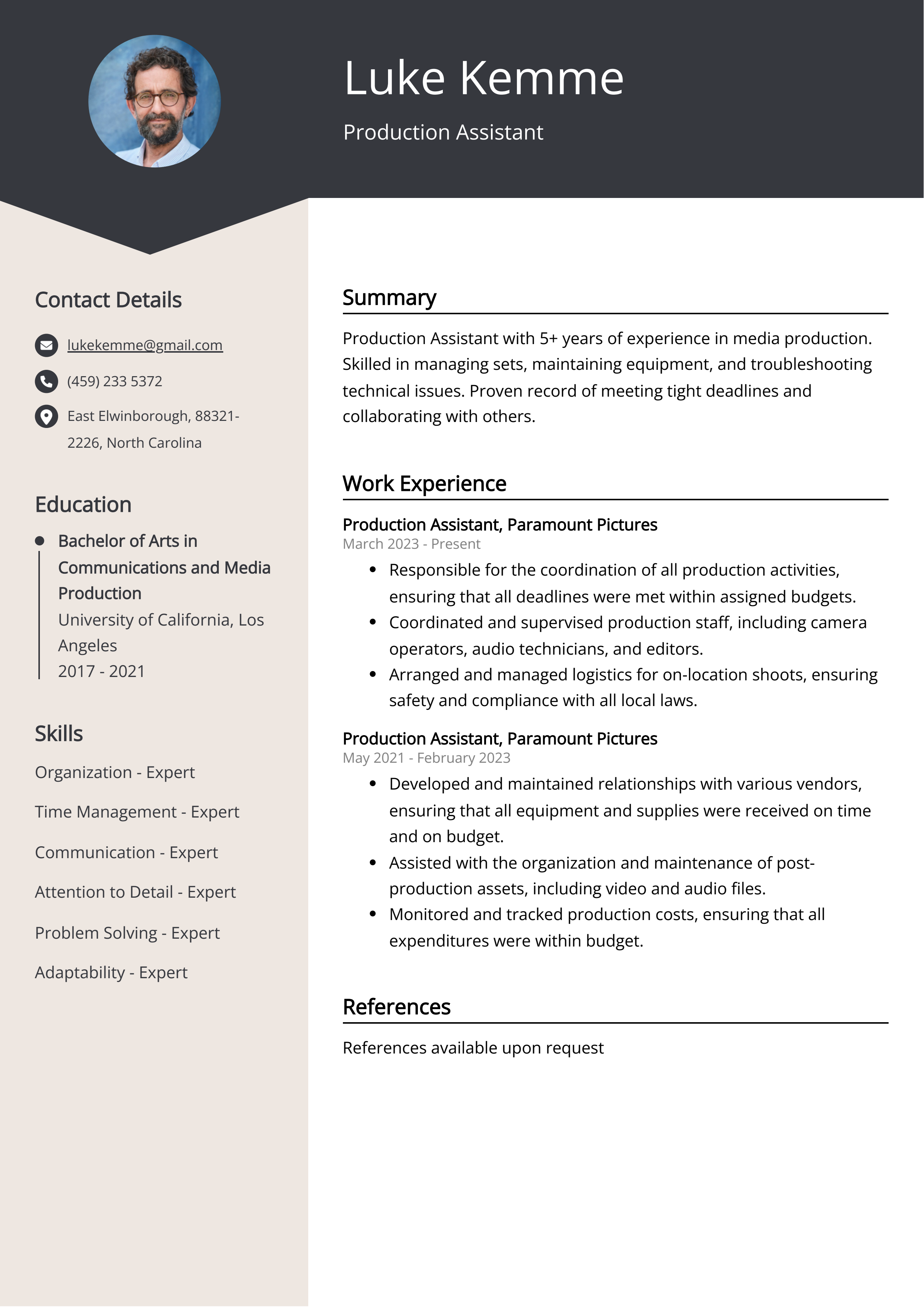 Production Assistant CV Example