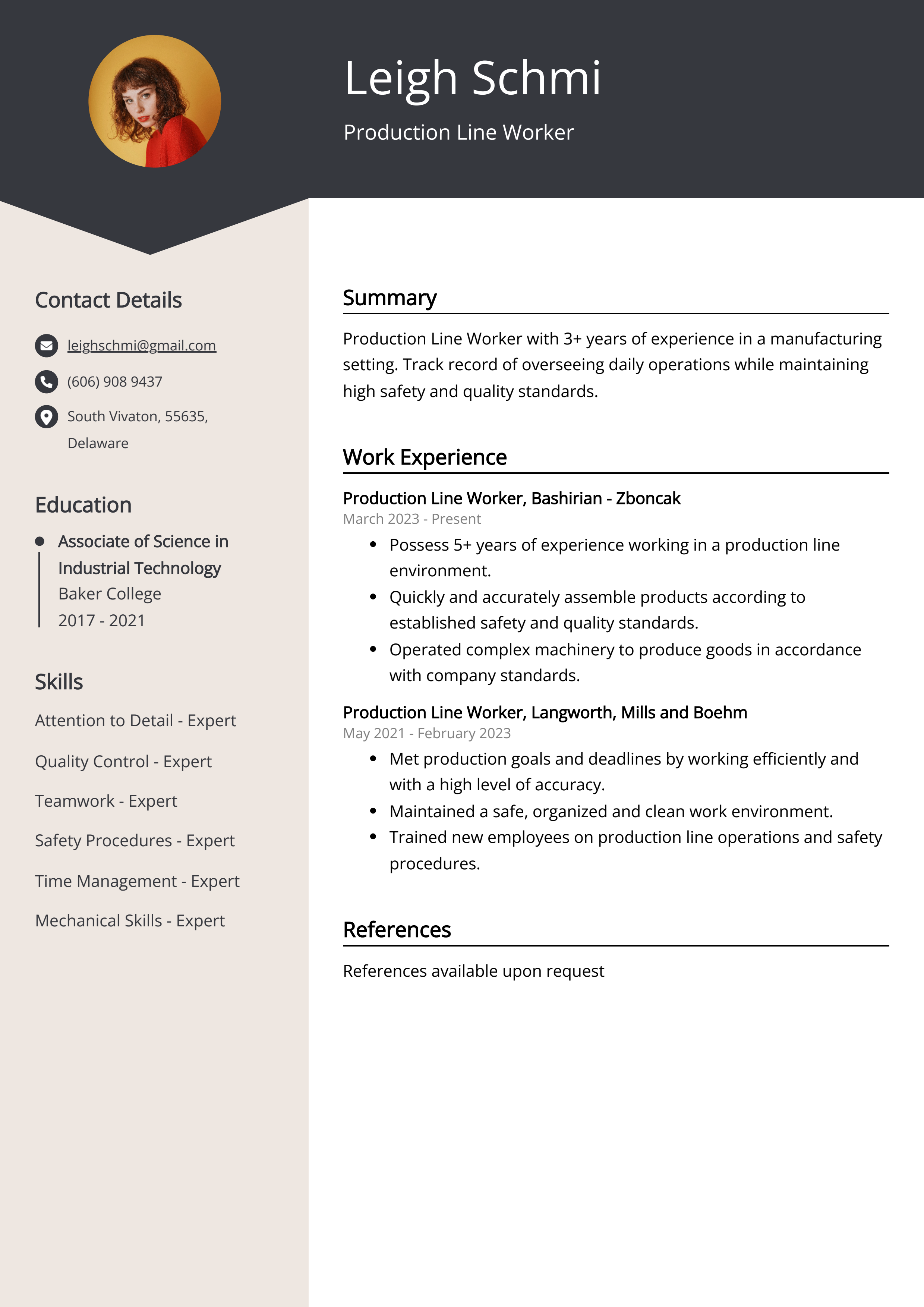 Production Line Worker CV Example