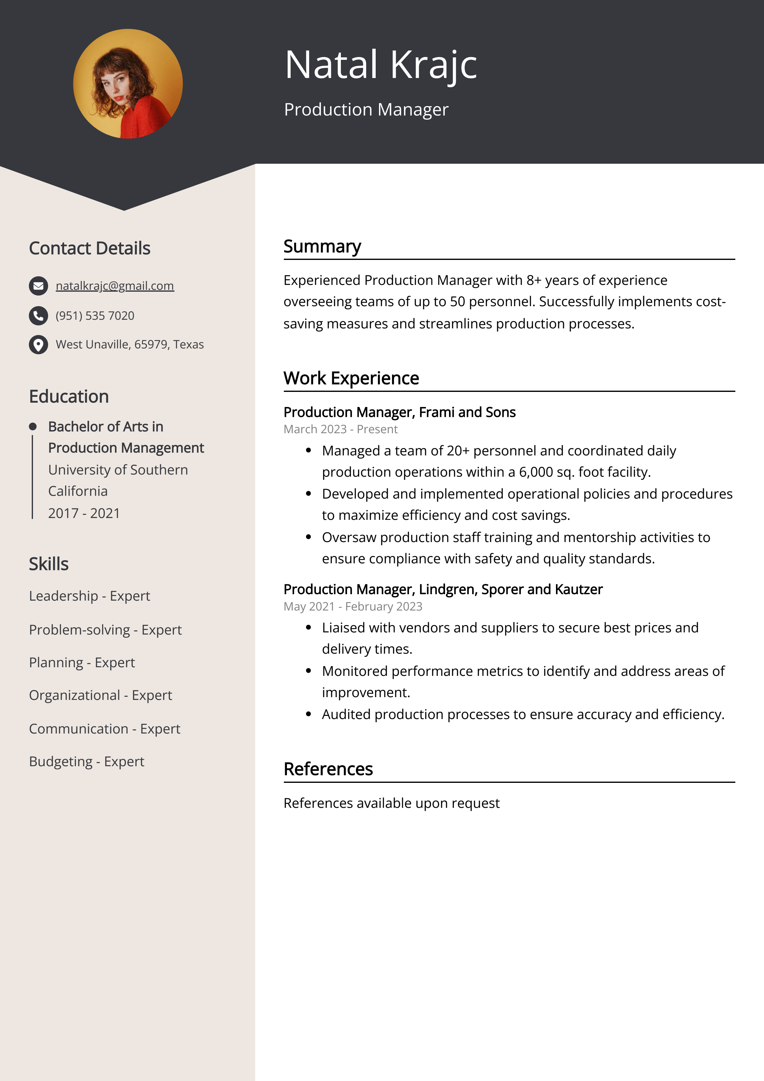 Production Manager CV Example