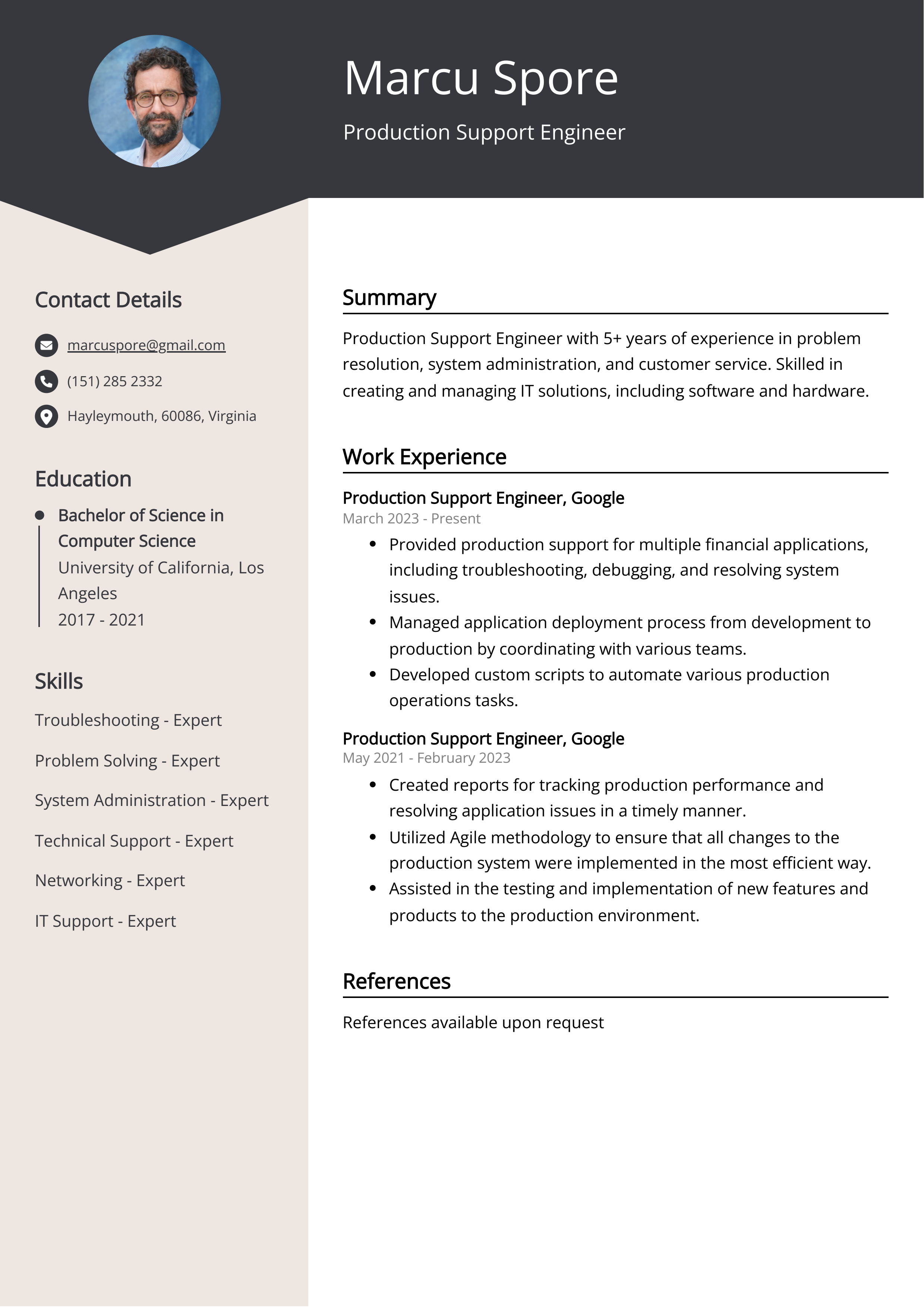 Production Support Engineer CV Example