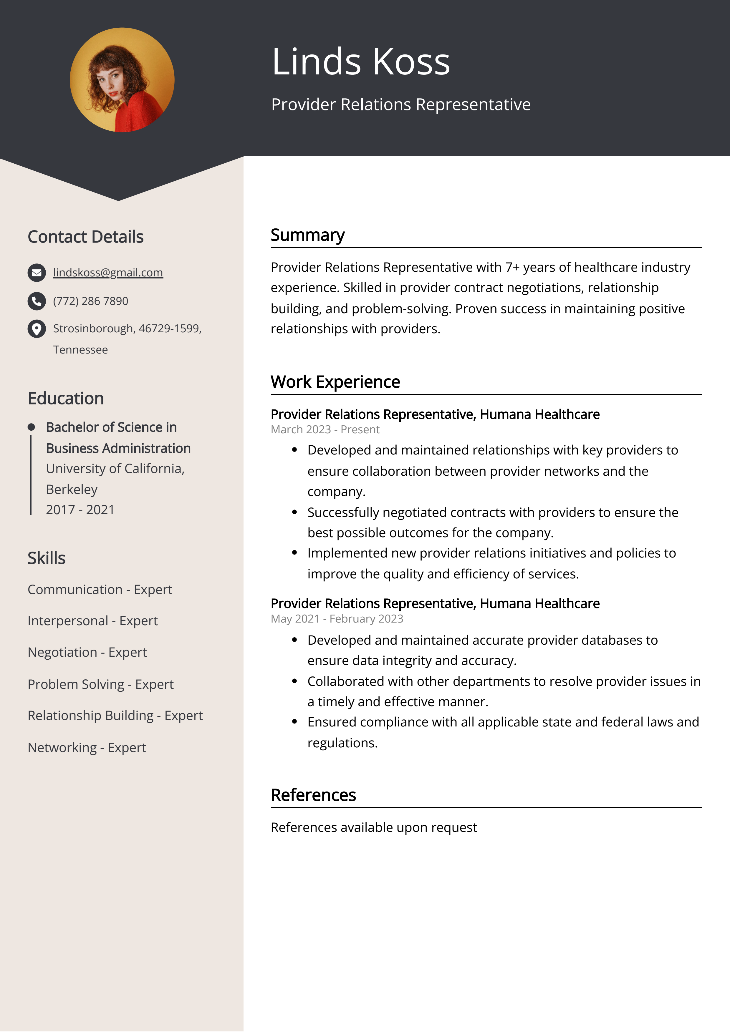 Provider Relations Representative CV Example