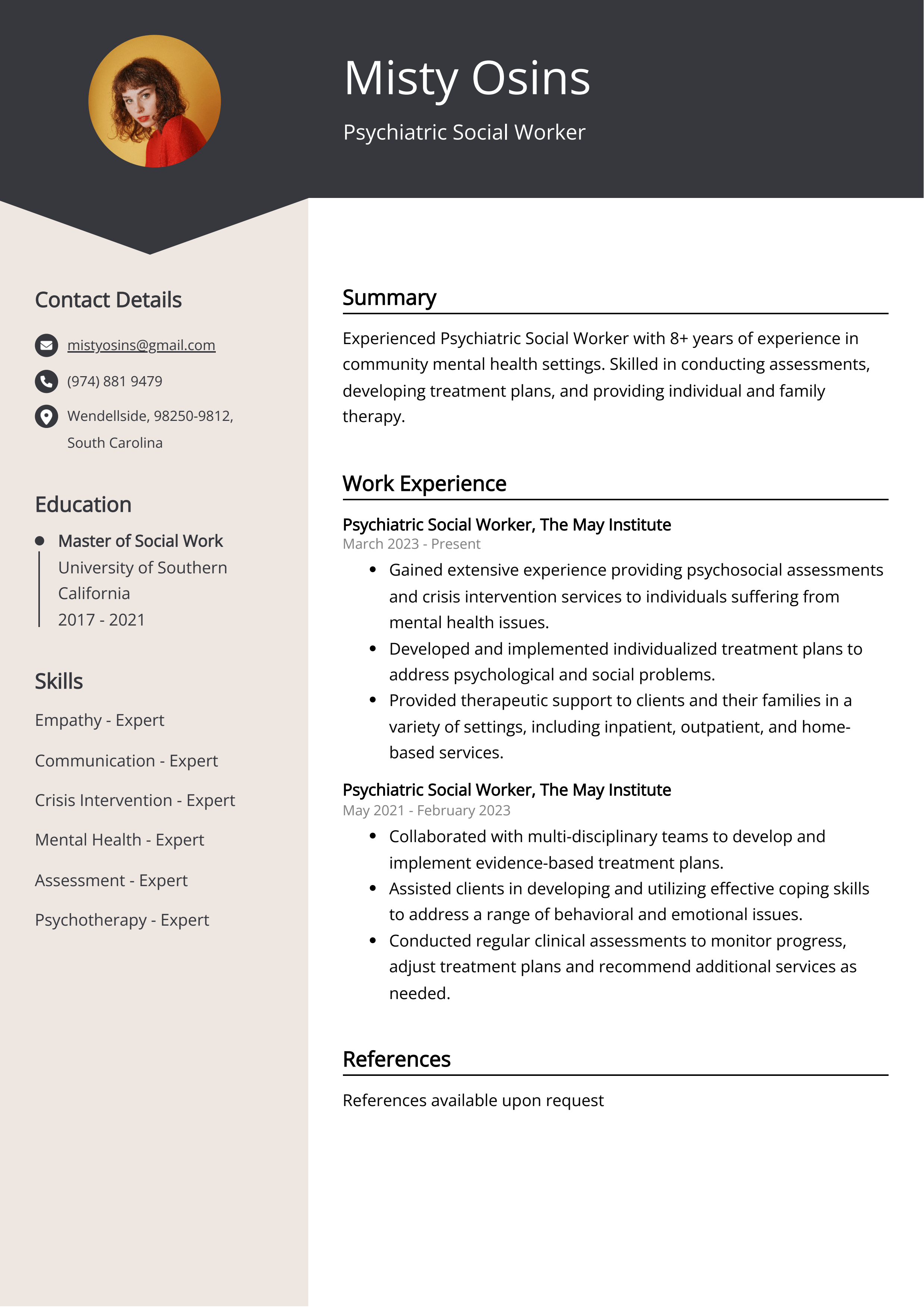 Psychiatric Social Worker CV Example