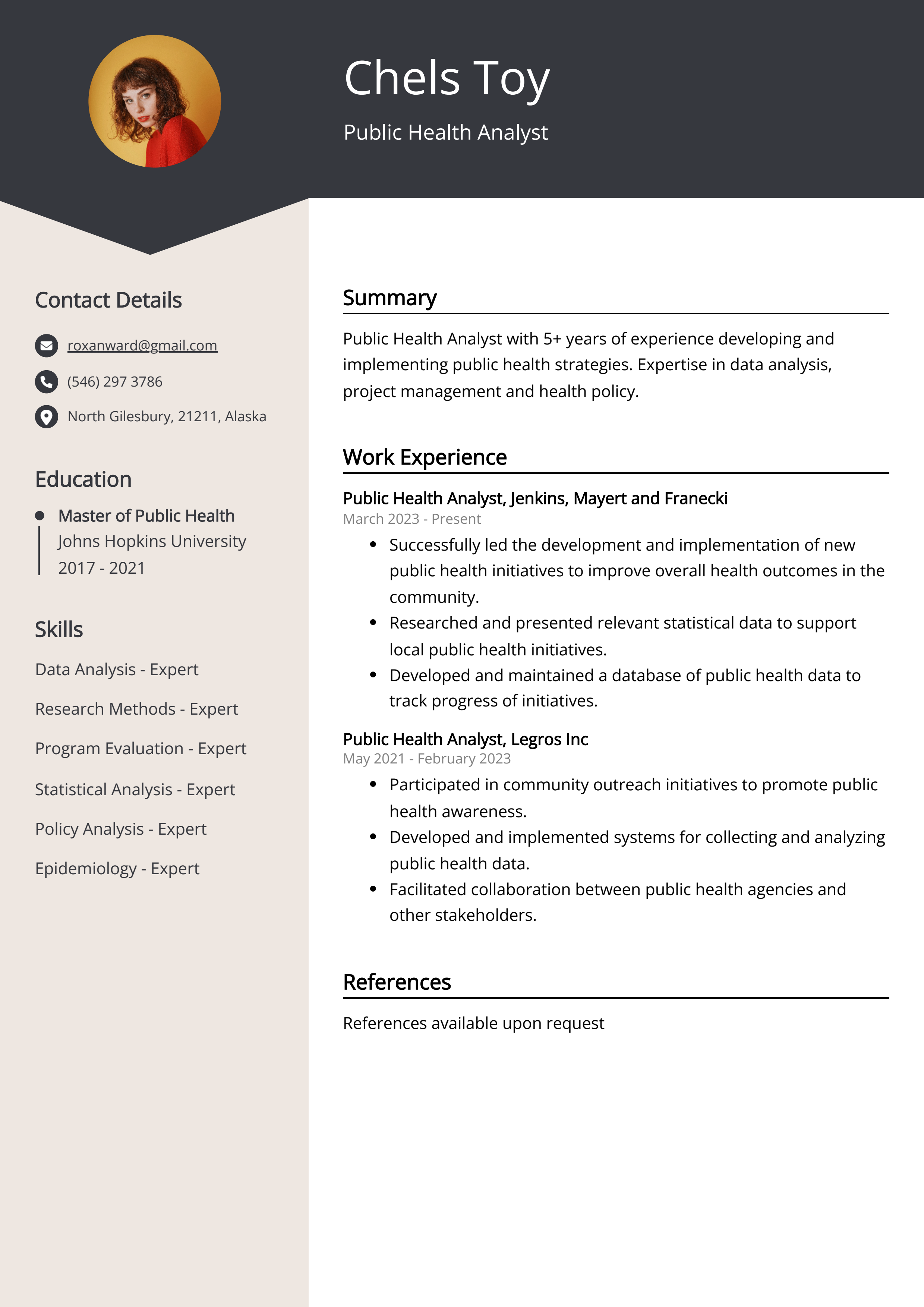 Public Health Analyst CV Example