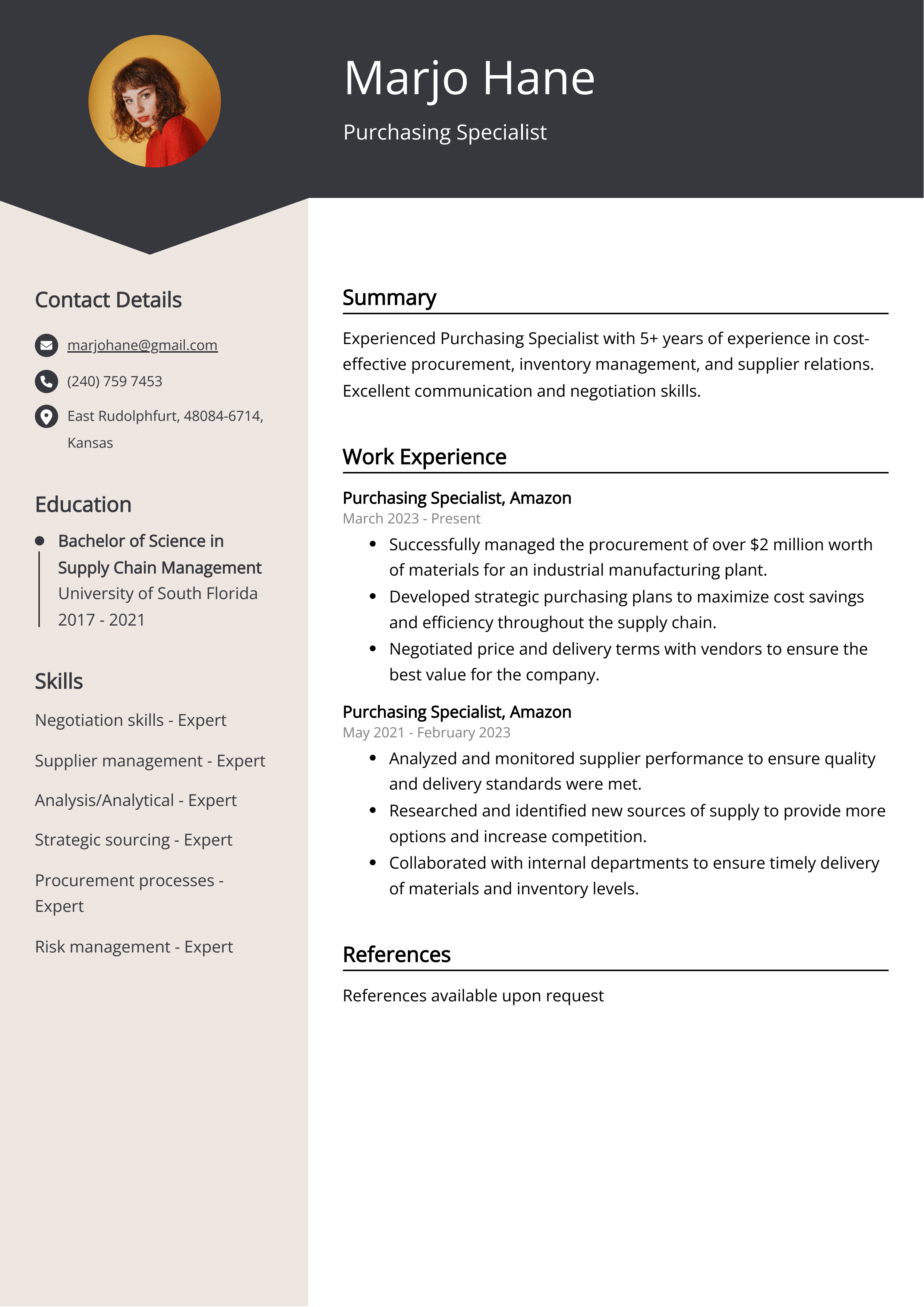 Purchasing Specialist CV Example