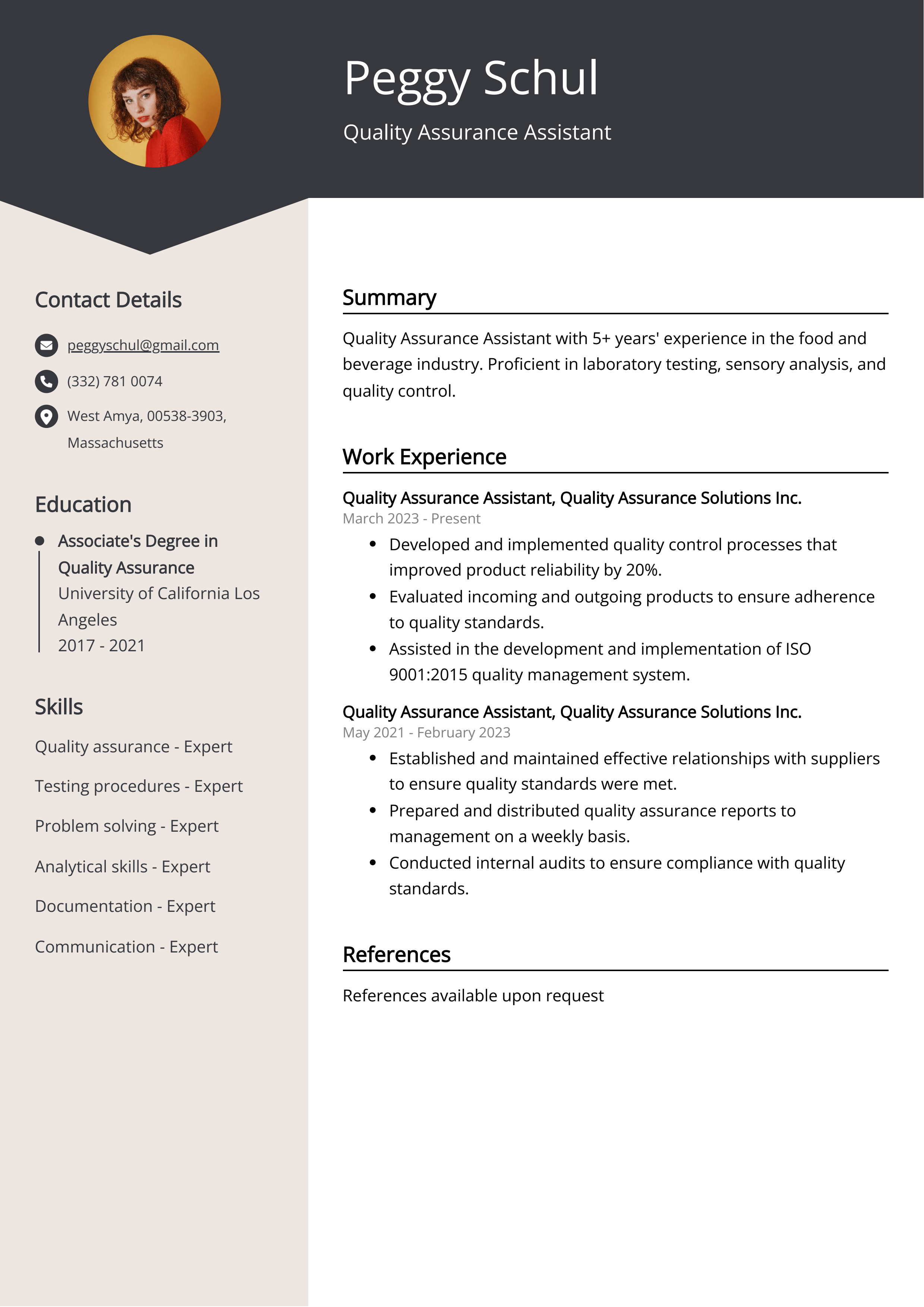 Quality Assurance Assistant CV Example