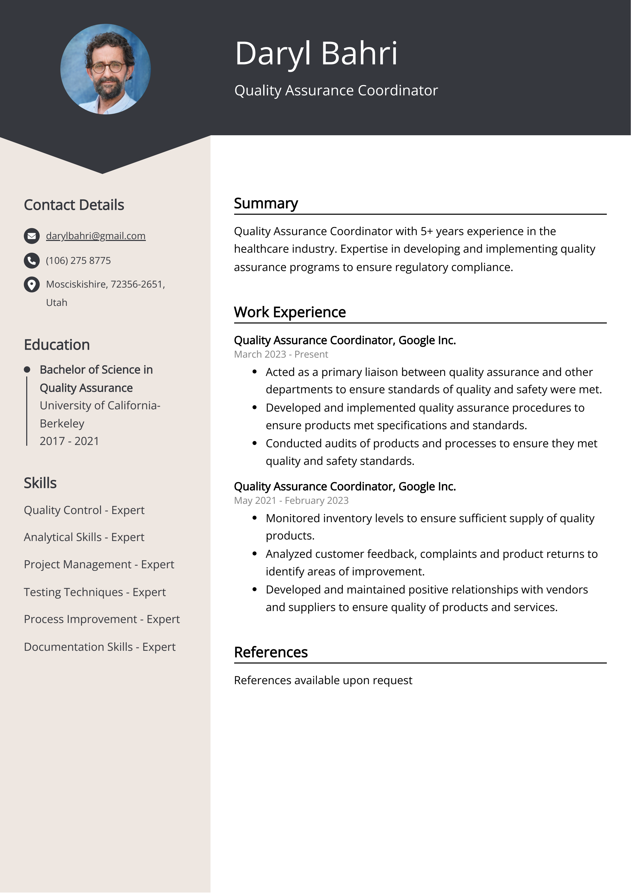 Quality Assurance Coordinator CV Example