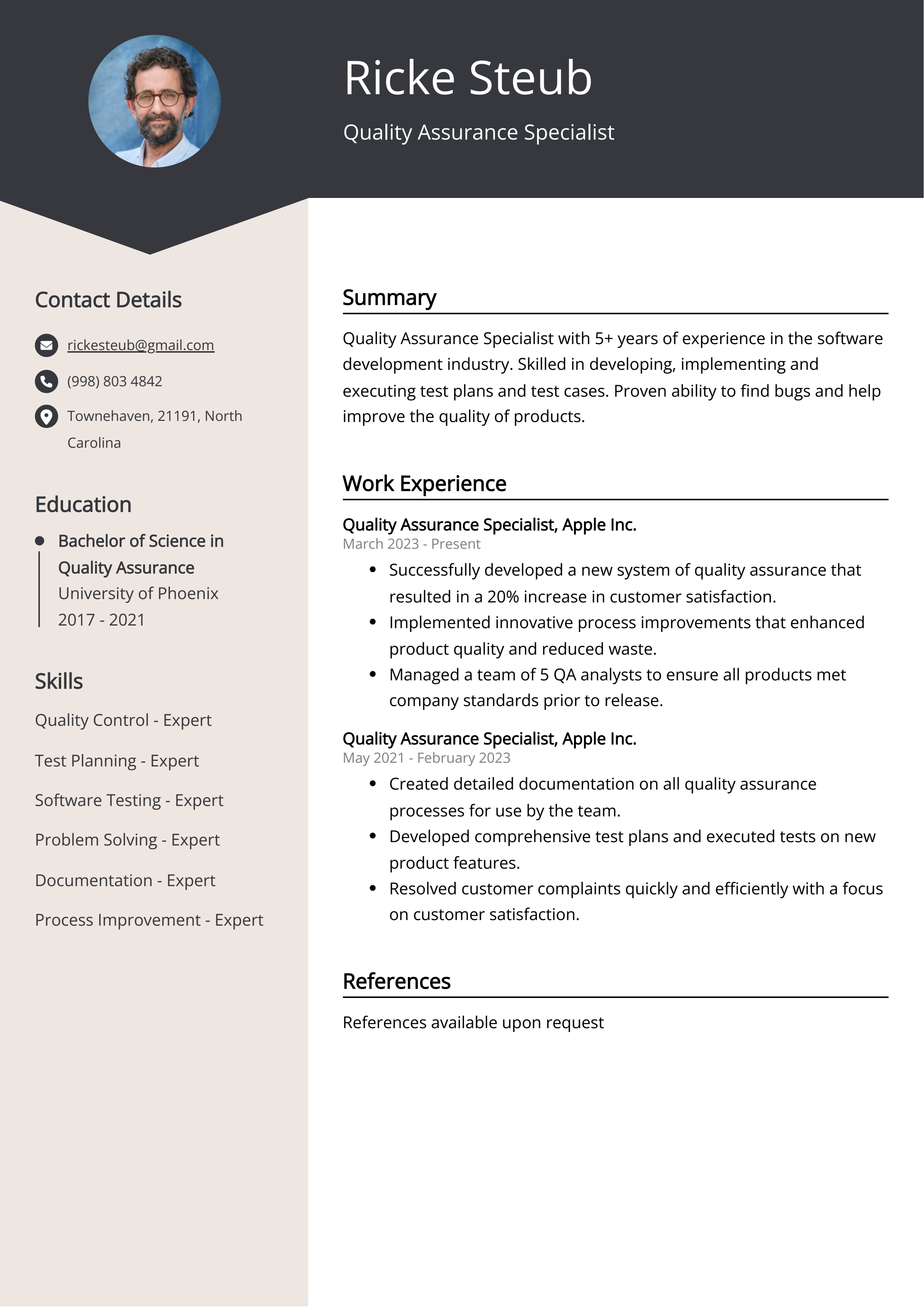 Quality Assurance Specialist CV Example