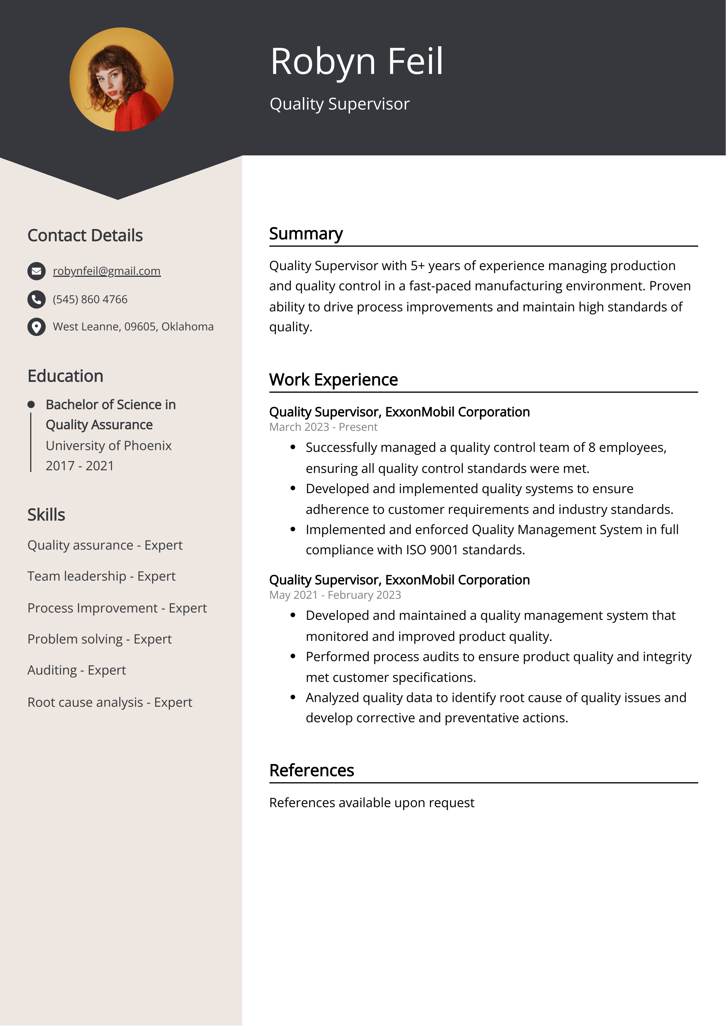 Quality Supervisor CV Example