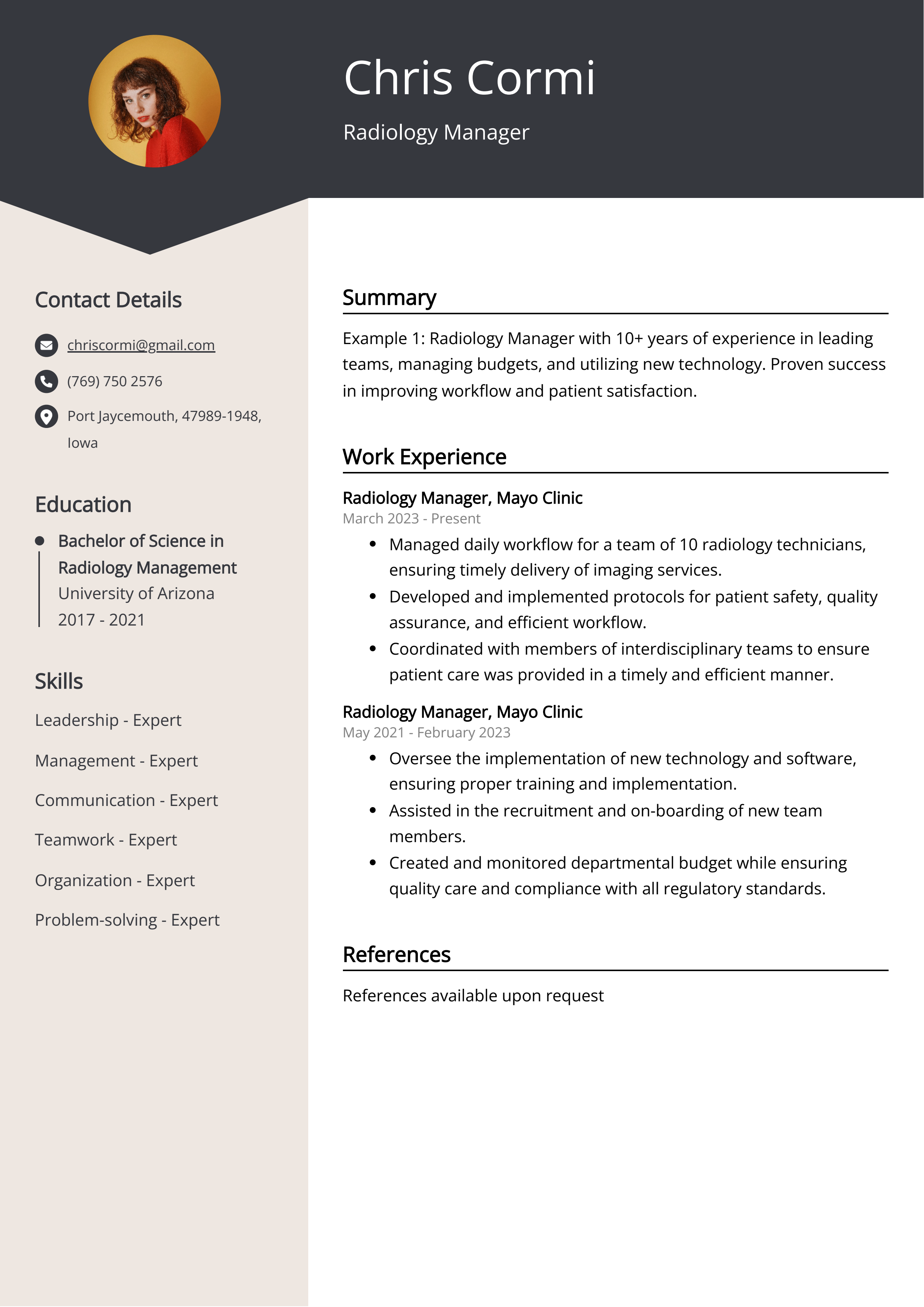 Radiology Manager CV Example