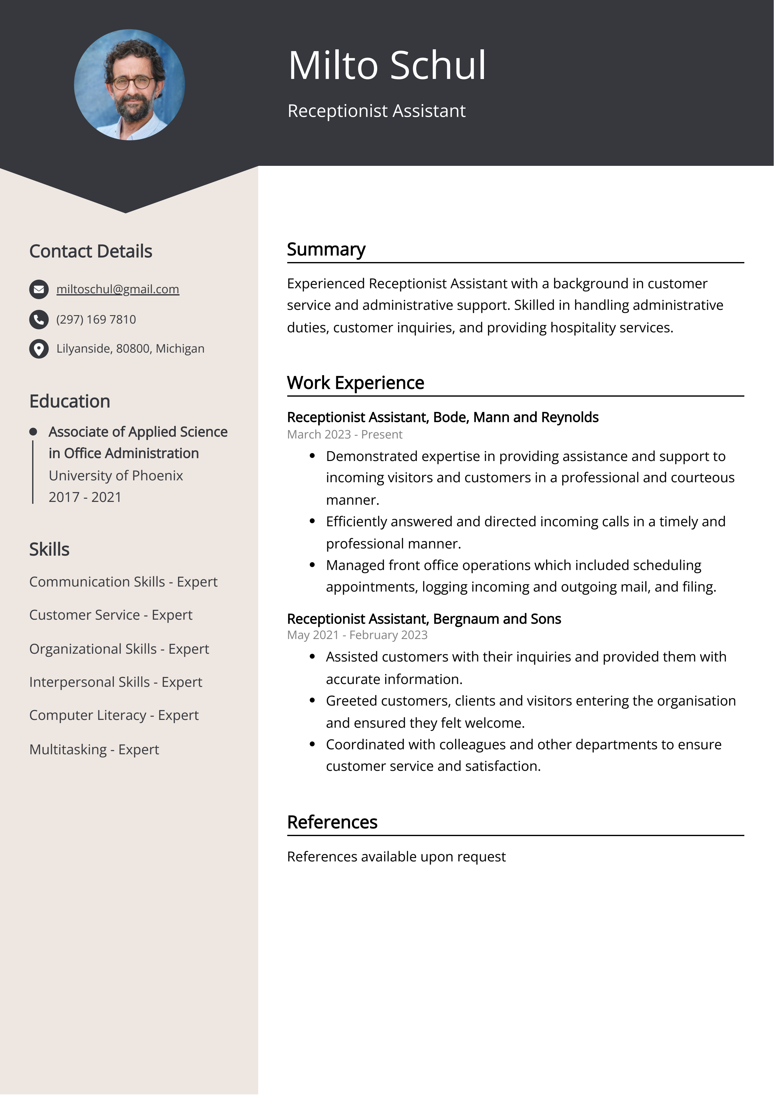 Receptionist Assistant CV Example