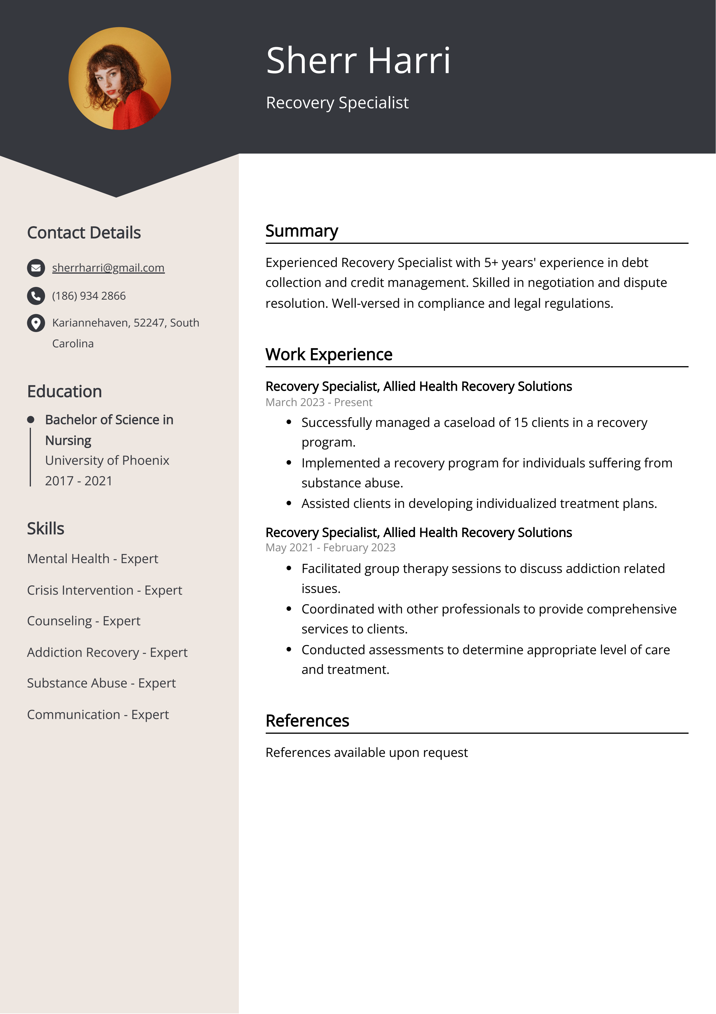 Recovery Specialist CV Example