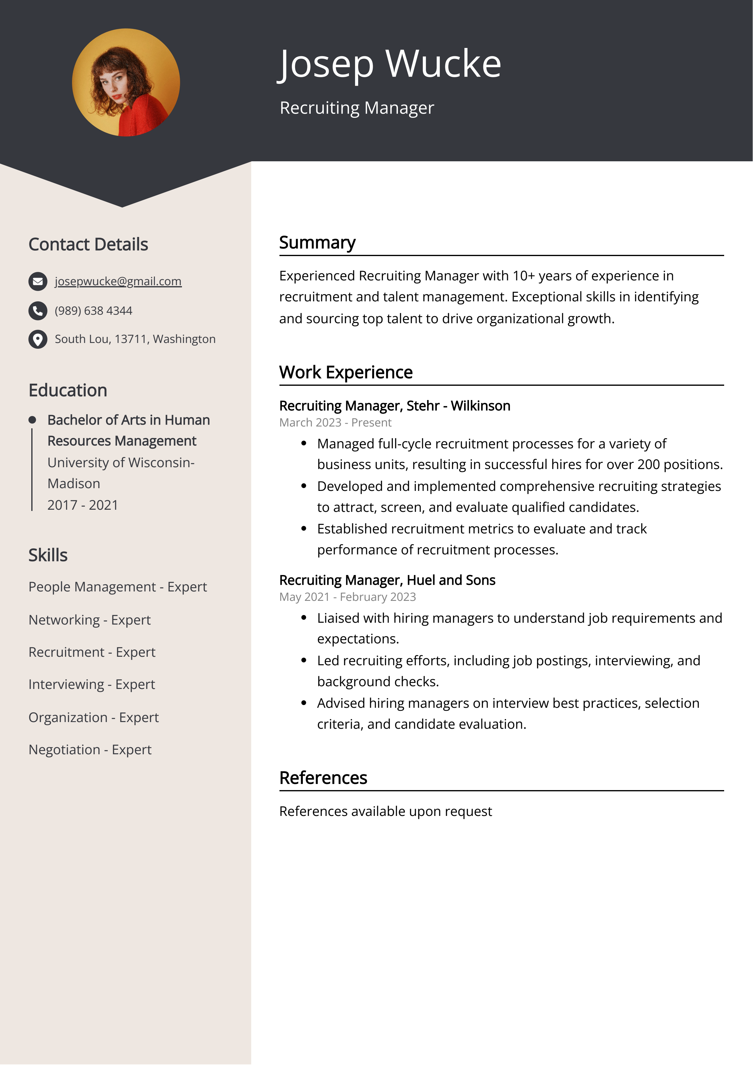 Recruiting Manager CV Example