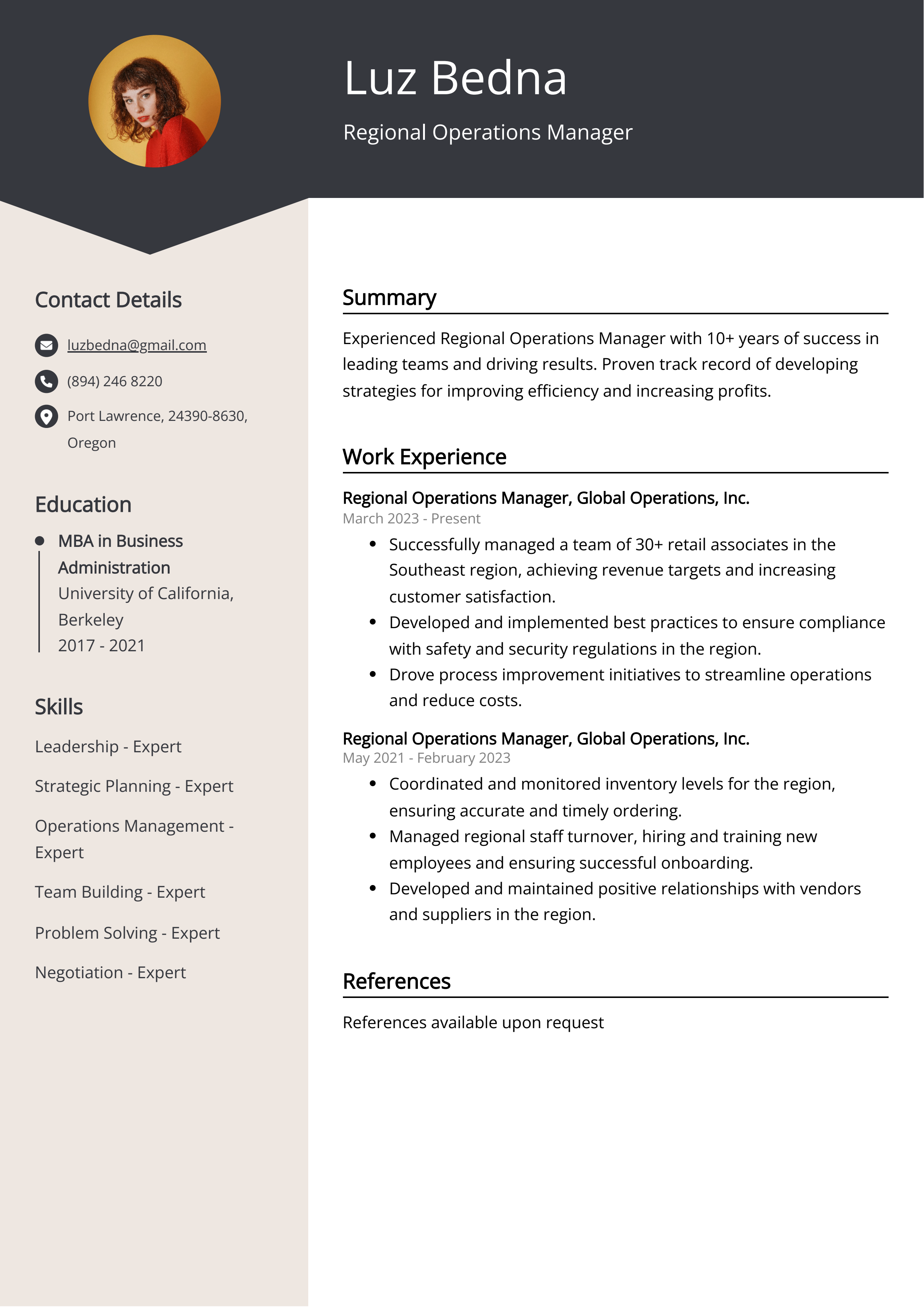 Regional Operations Manager CV Example