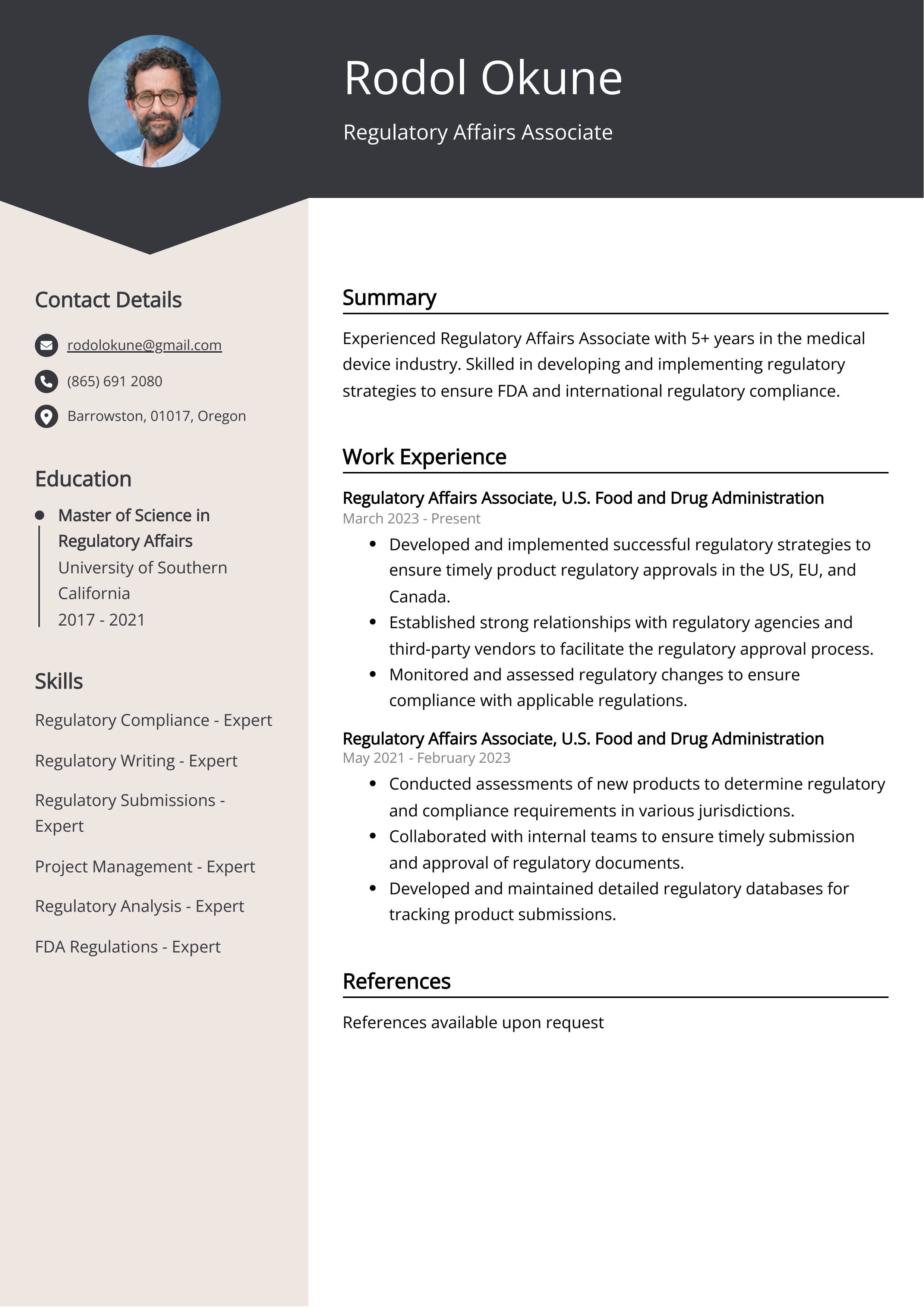 Regulatory Affairs Associate CV Example