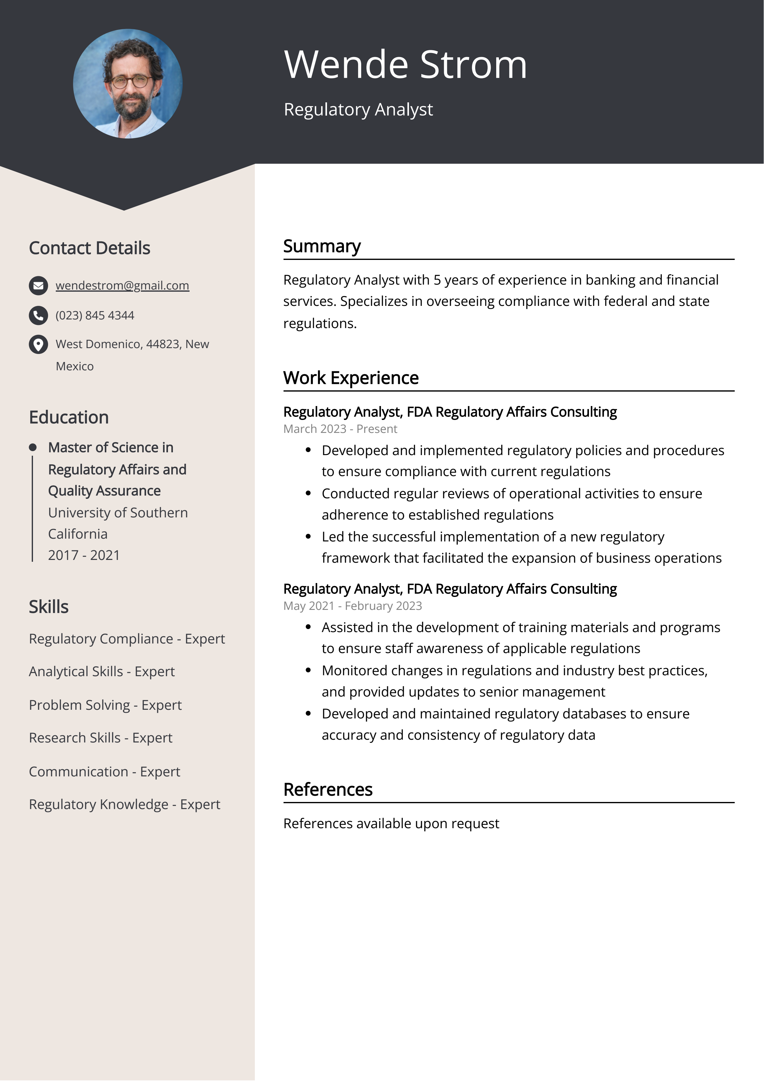 Regulatory Analyst CV Example