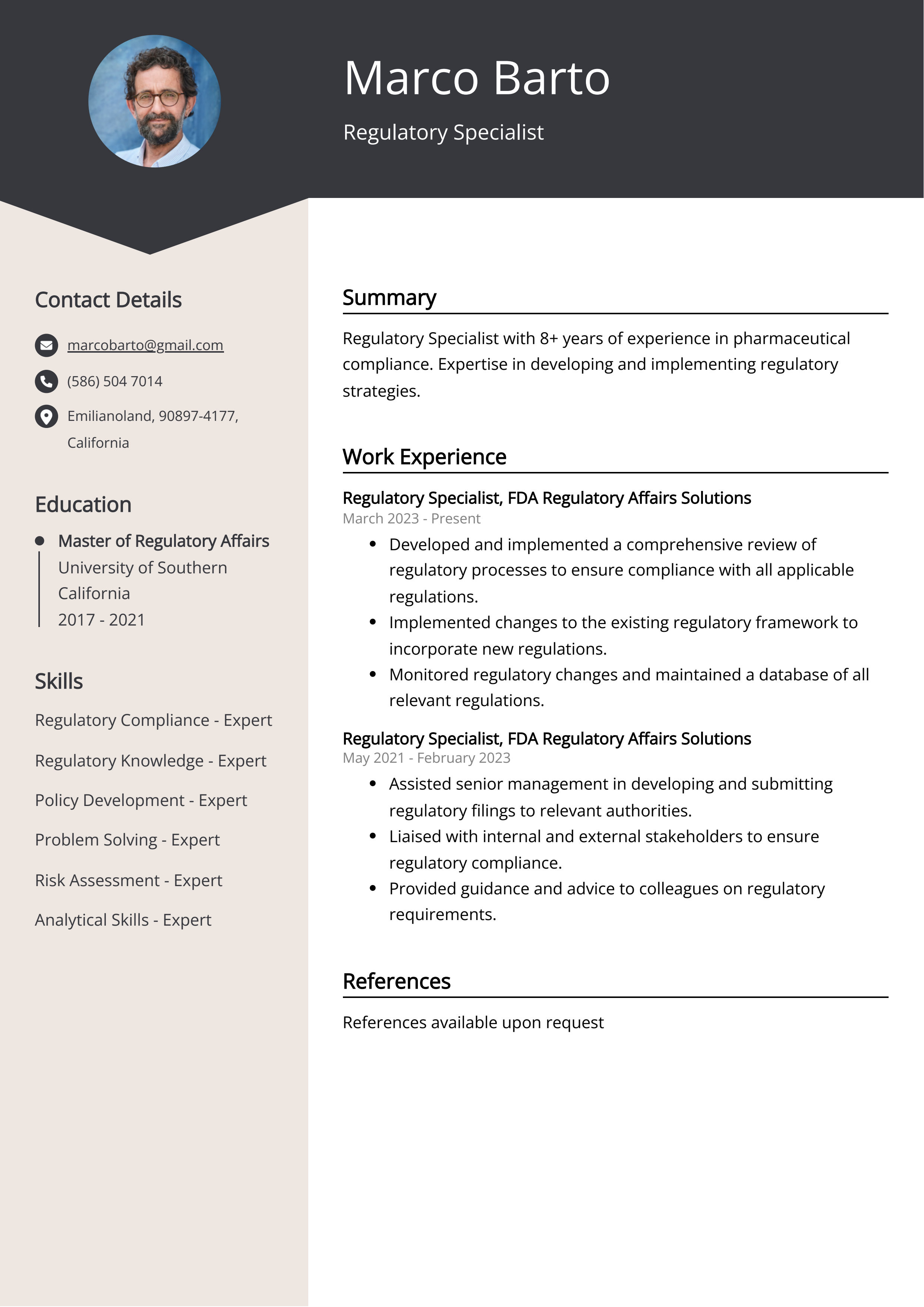 Regulatory Specialist CV Example