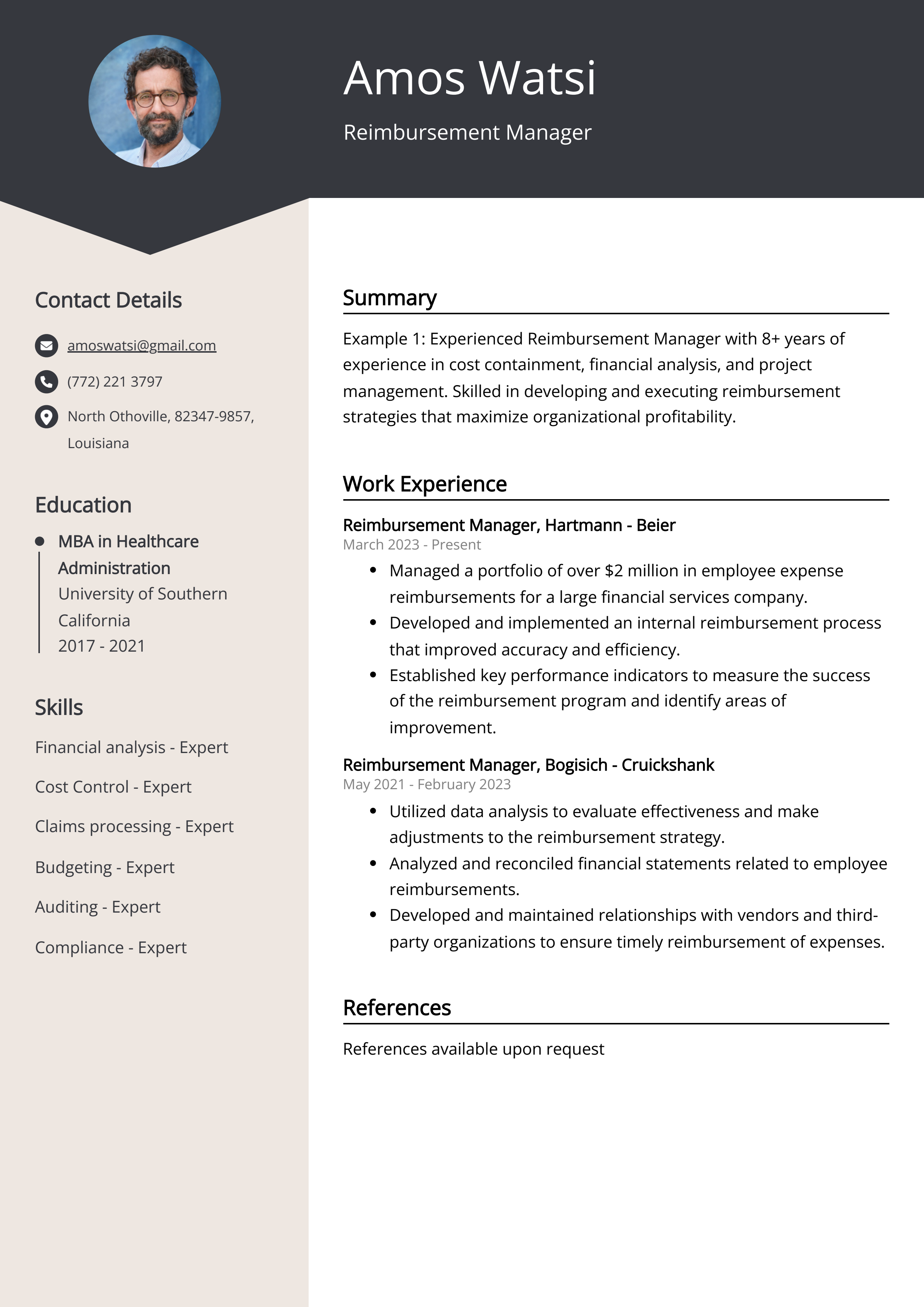 Reimbursement Manager CV Example
