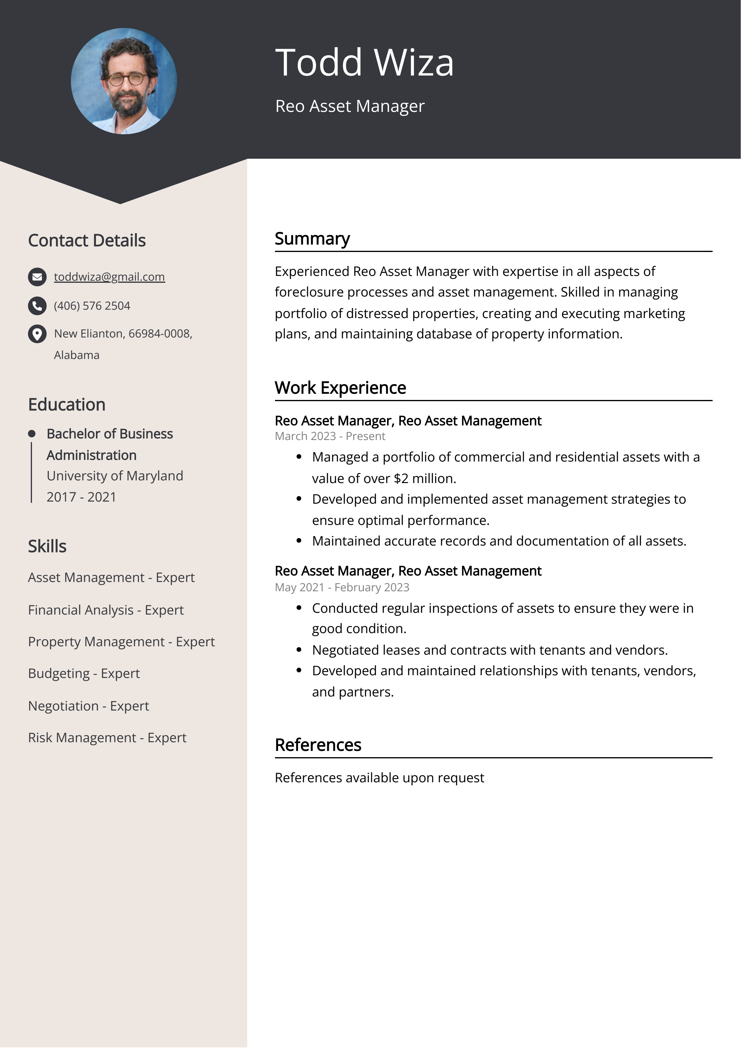 Reo Asset Manager CV Example