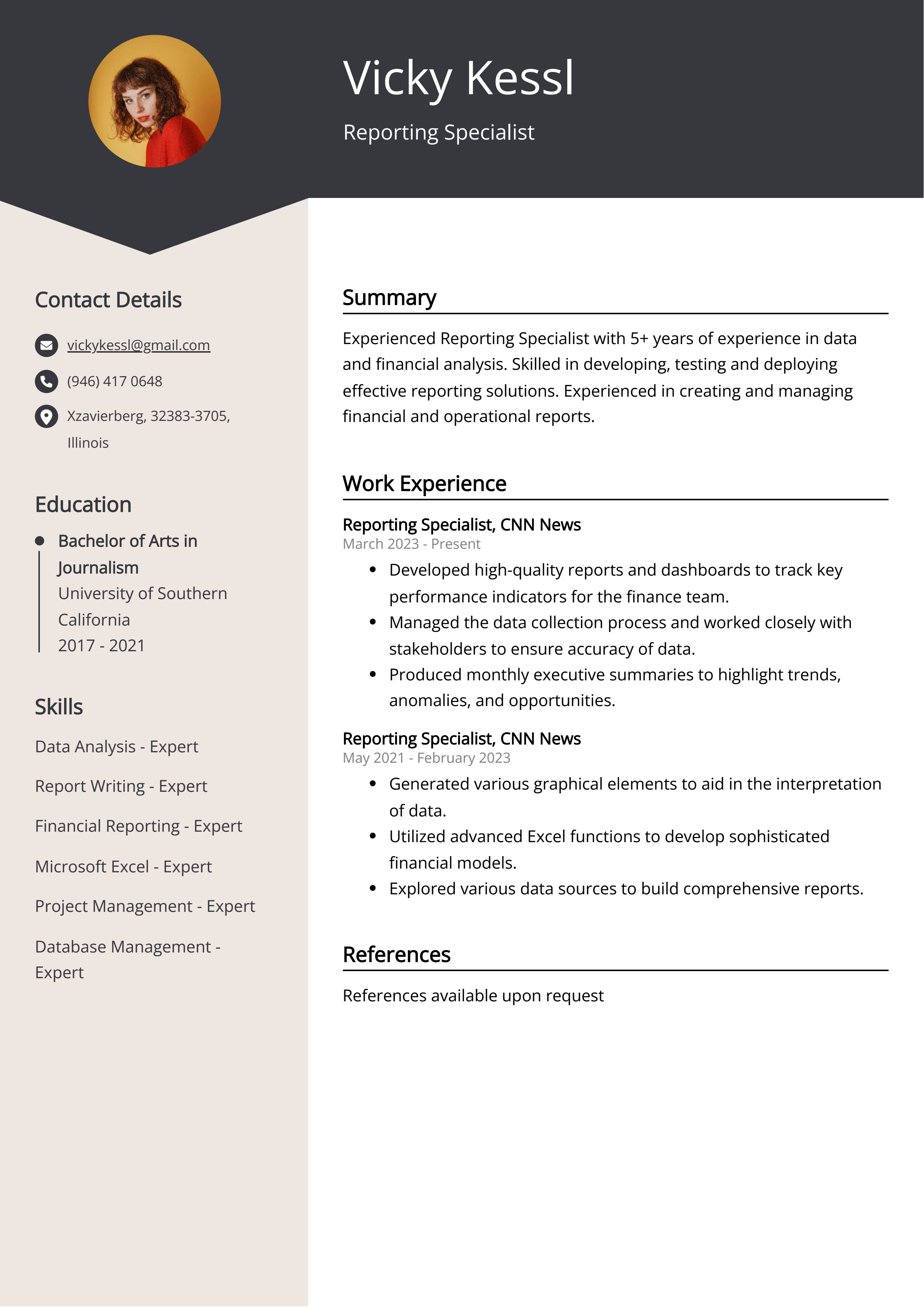 Reporting Specialist CV Example