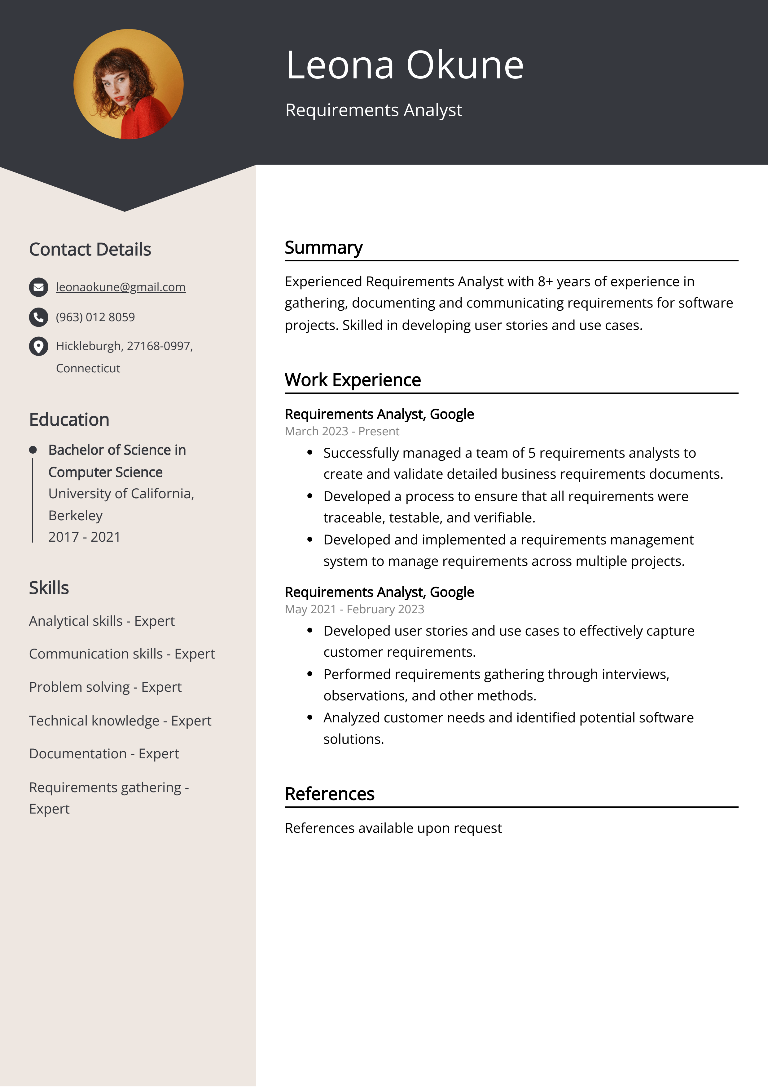 Requirements Analyst CV Example