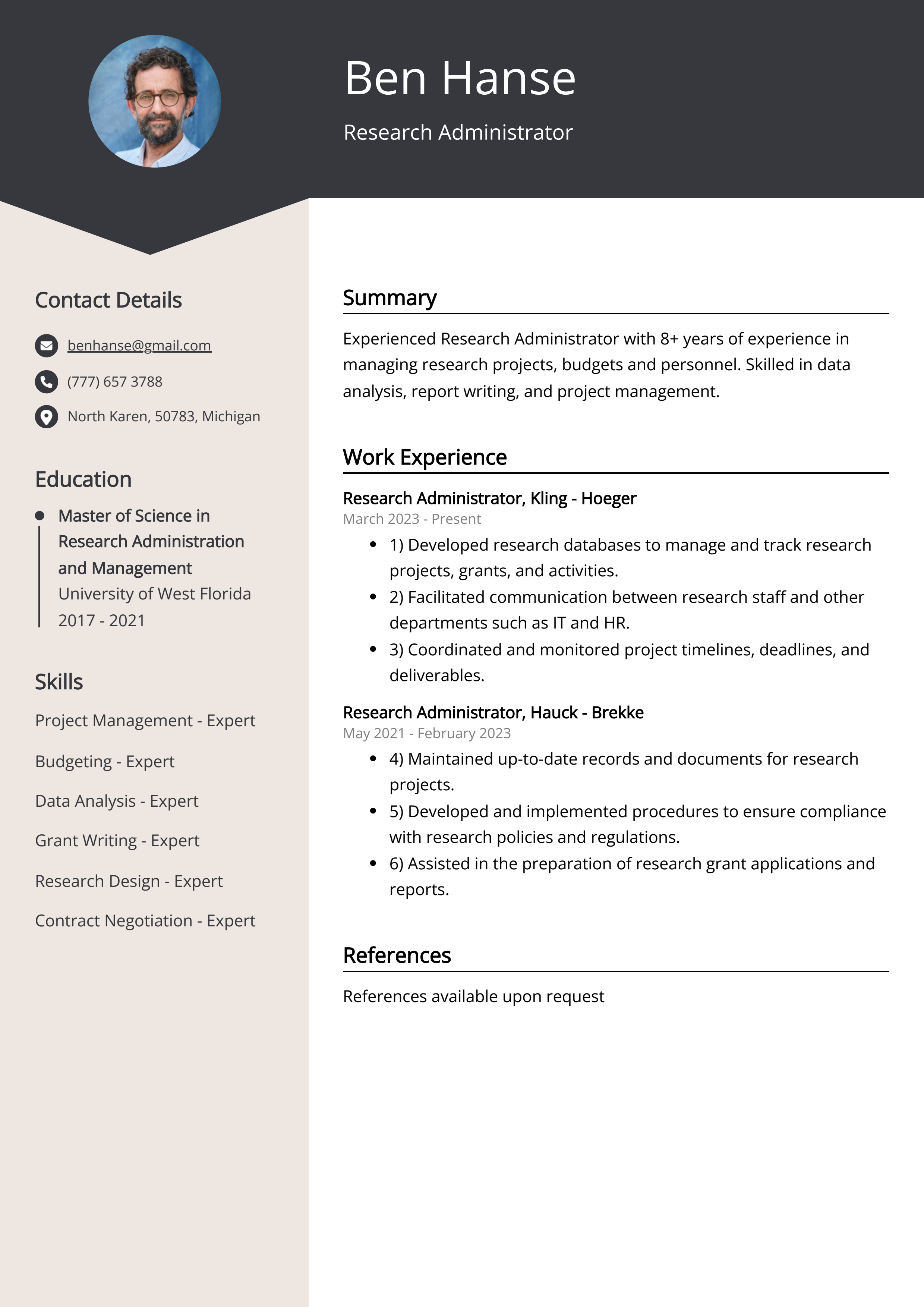 Research Administrator CV Example
