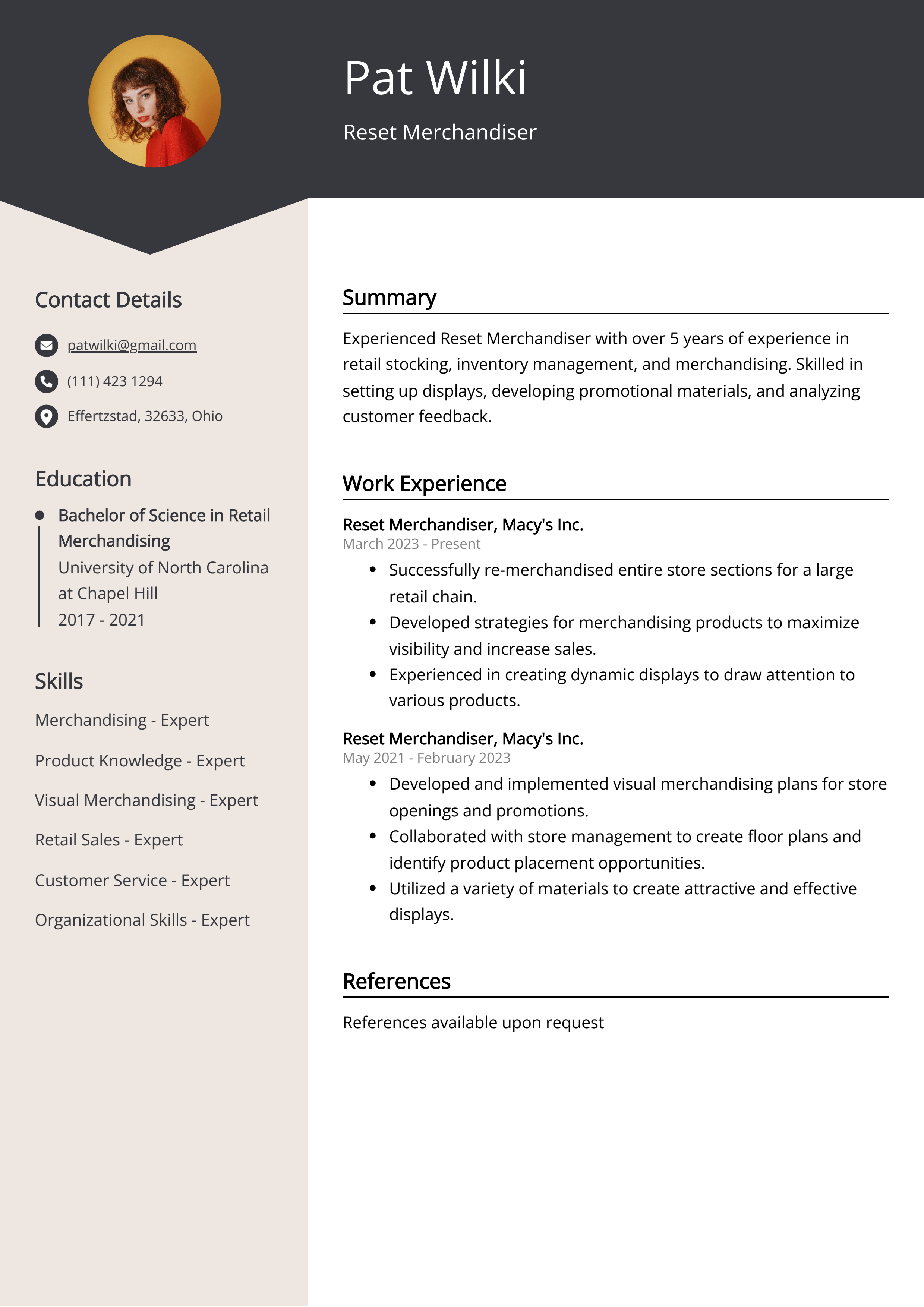 Reset Merchandiser CV Example