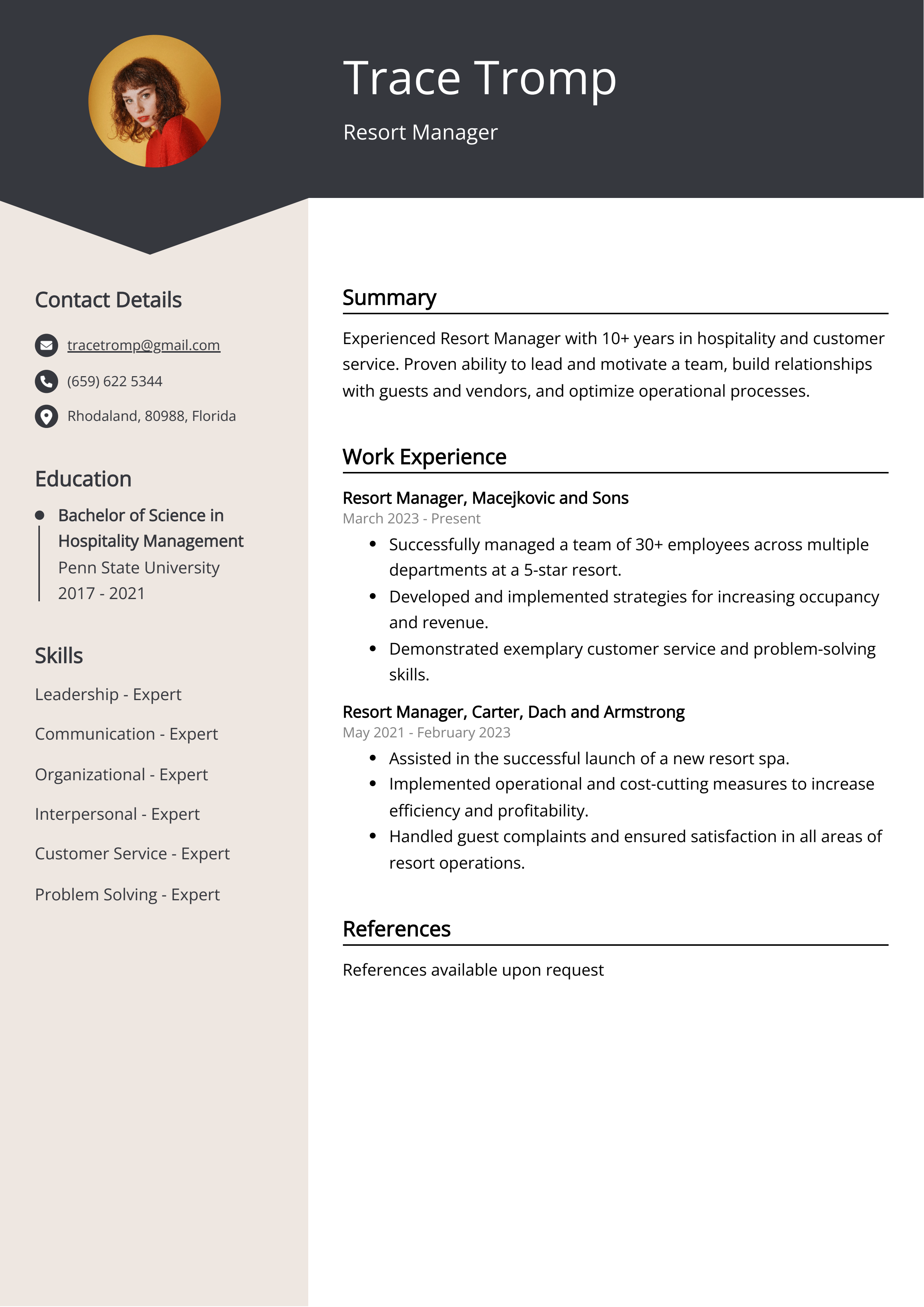 Resort Manager CV Example