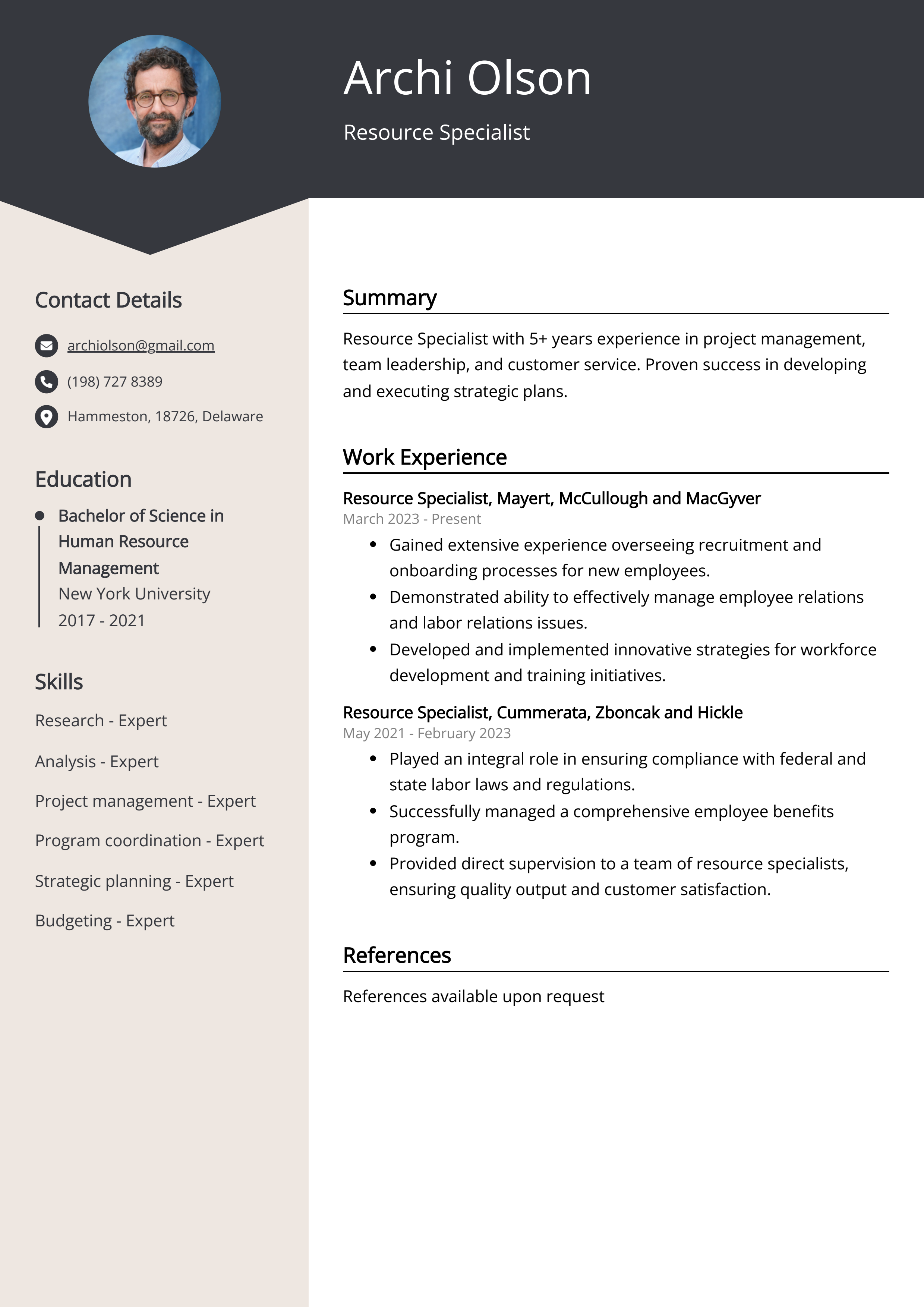 Resource Specialist CV Example
