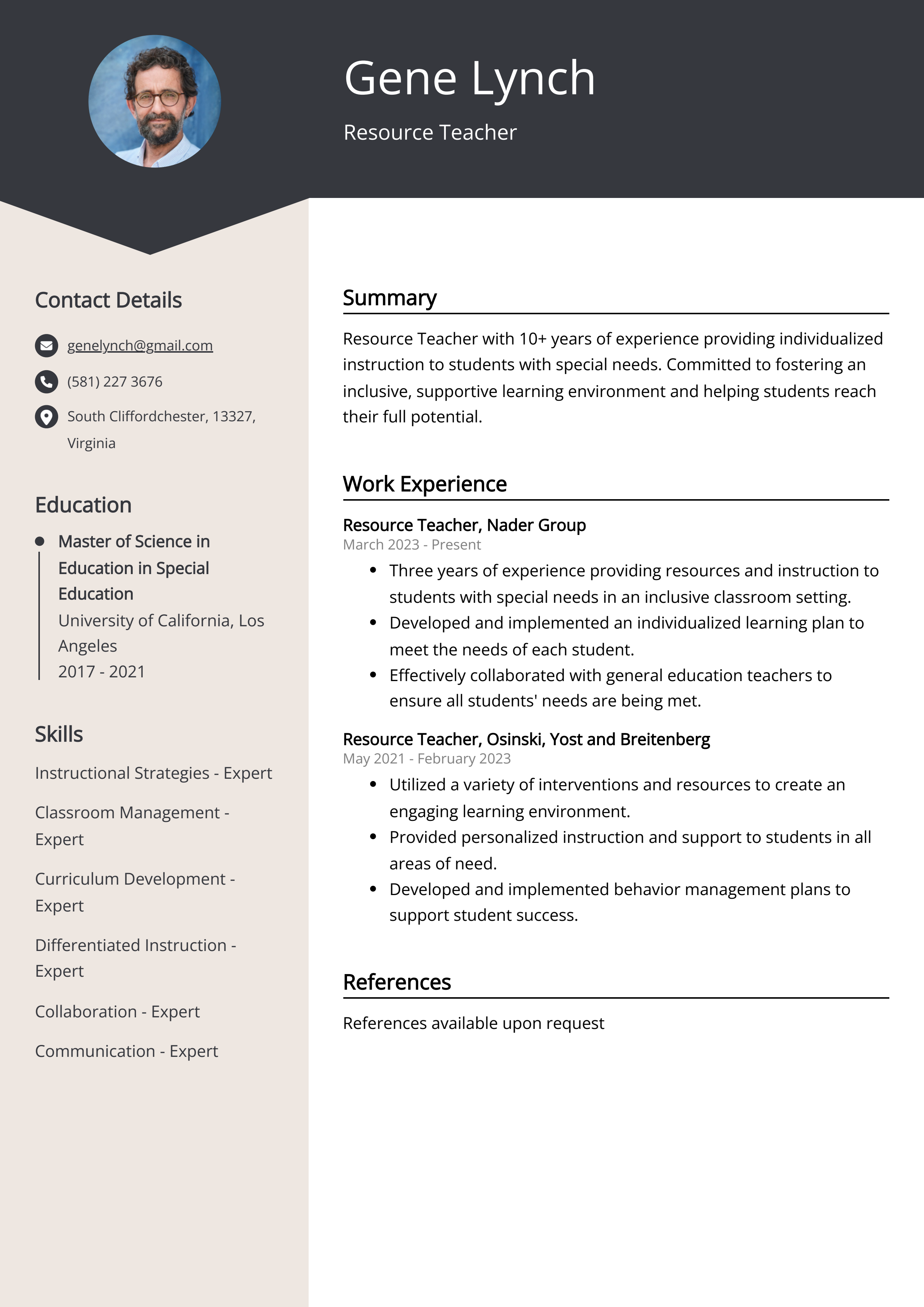 Resource Teacher CV Example