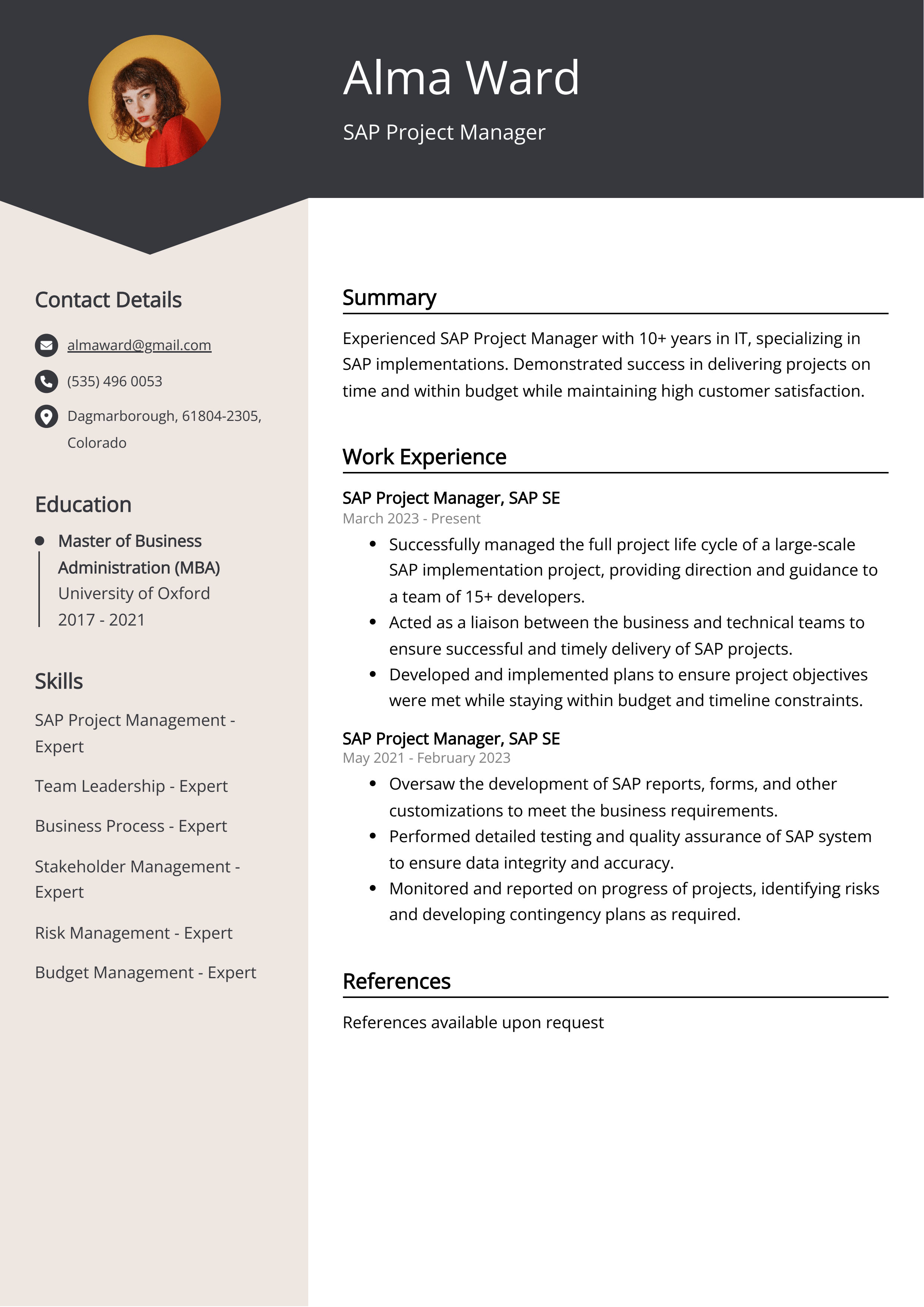 SAP Project Manager CV Example