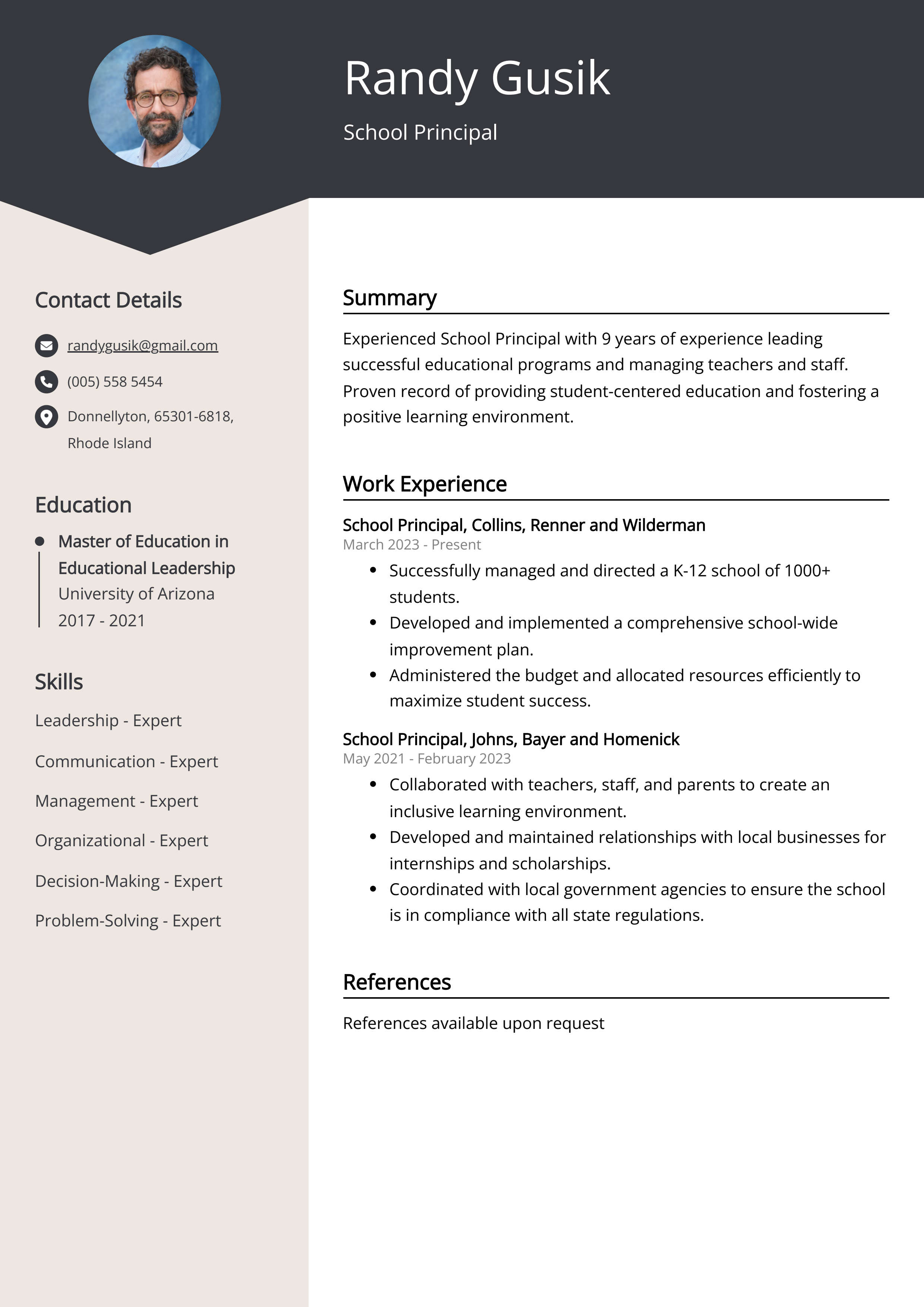 School Principal CV Example
