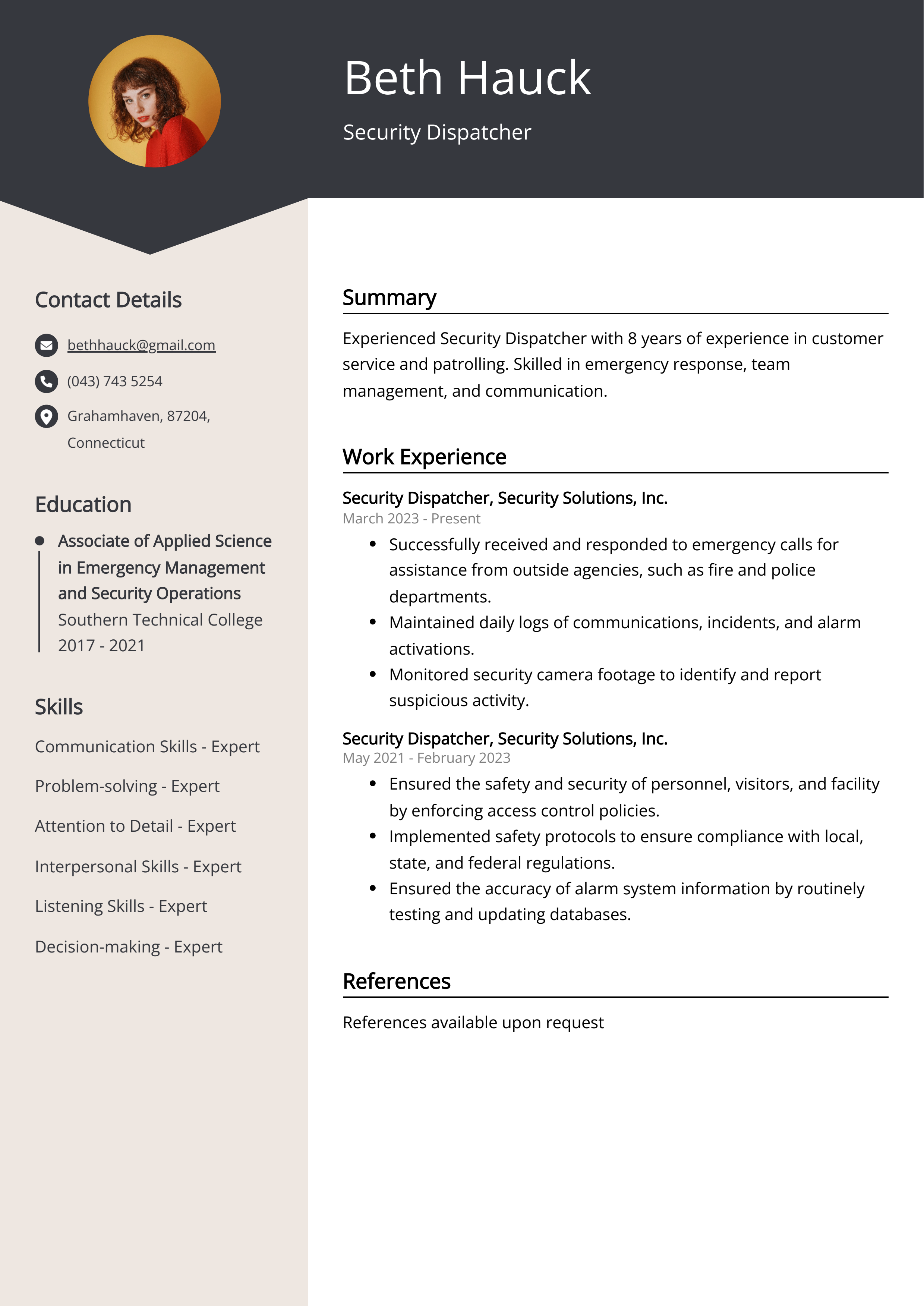 Security Dispatcher CV Example