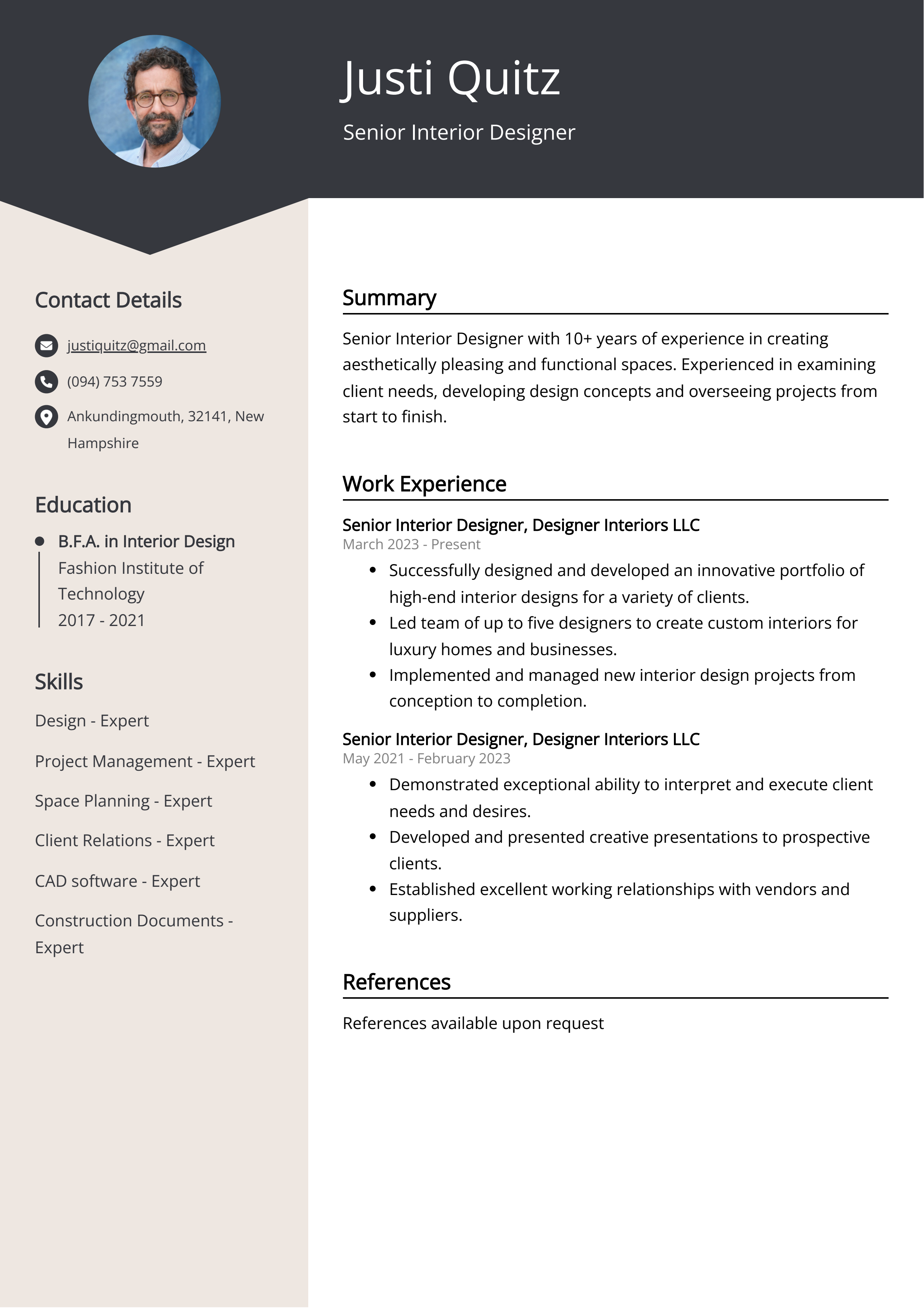 Senior Interior Designer CV Example