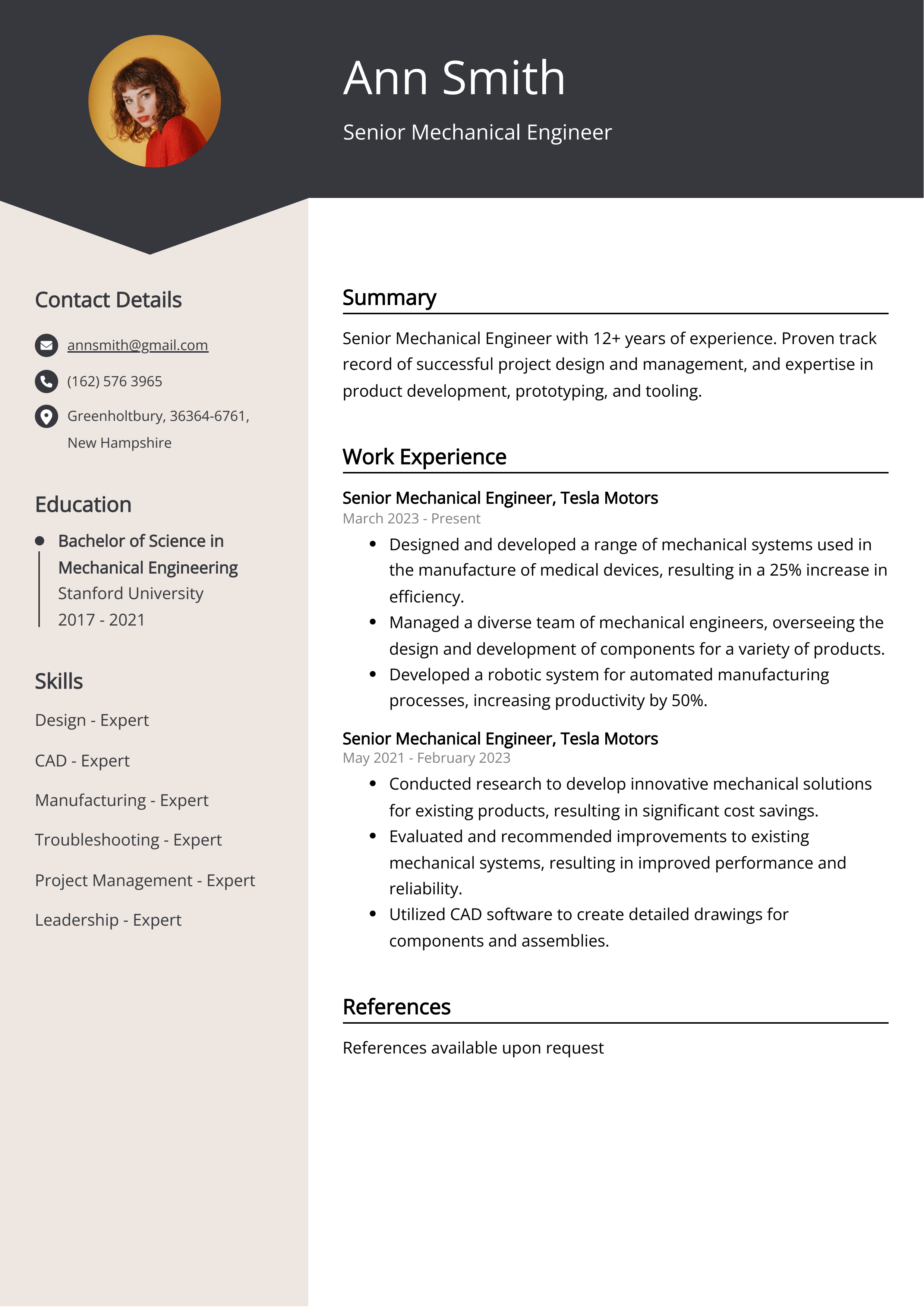 Senior Mechanical Engineer CV Example