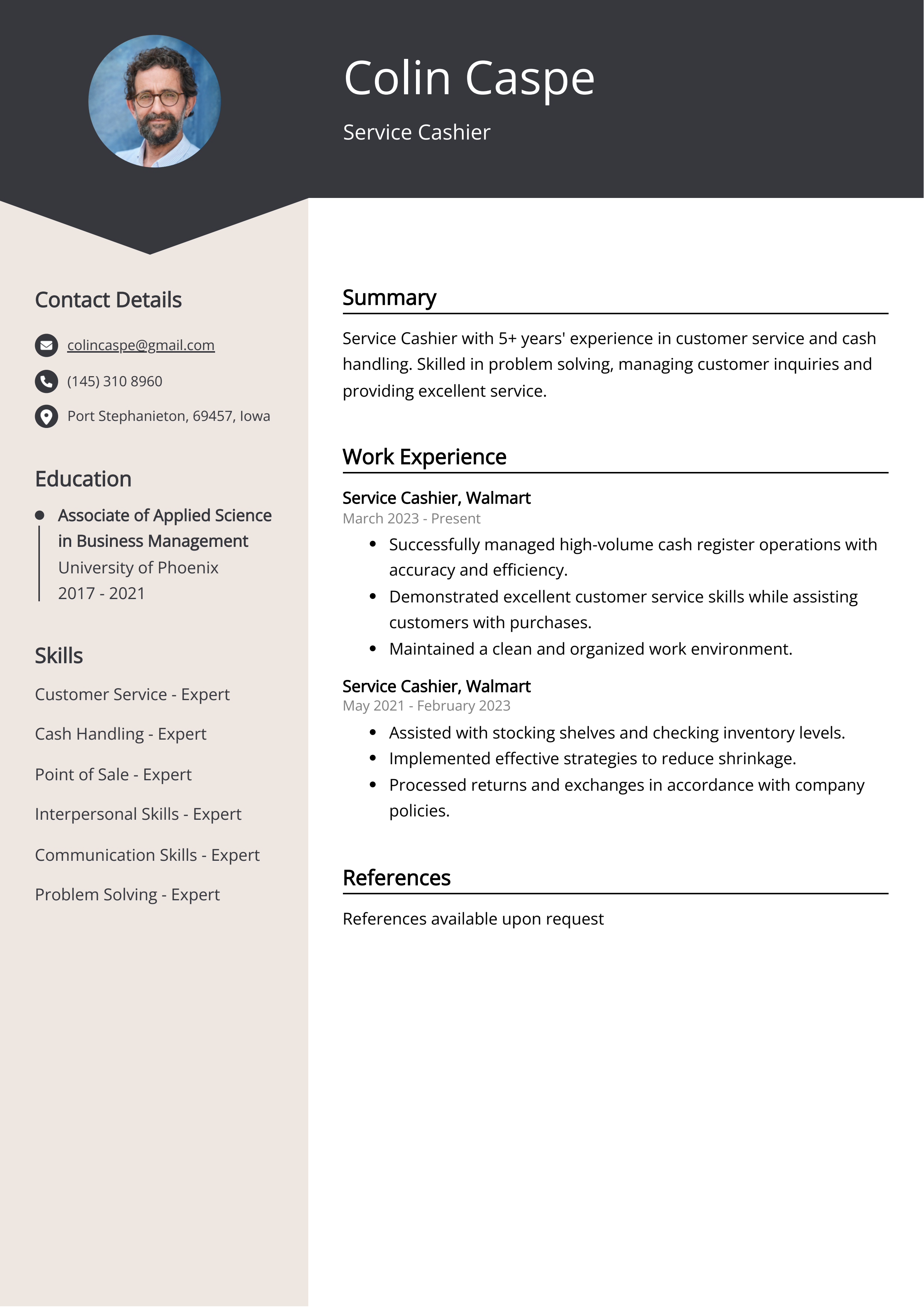 Service Cashier CV Example