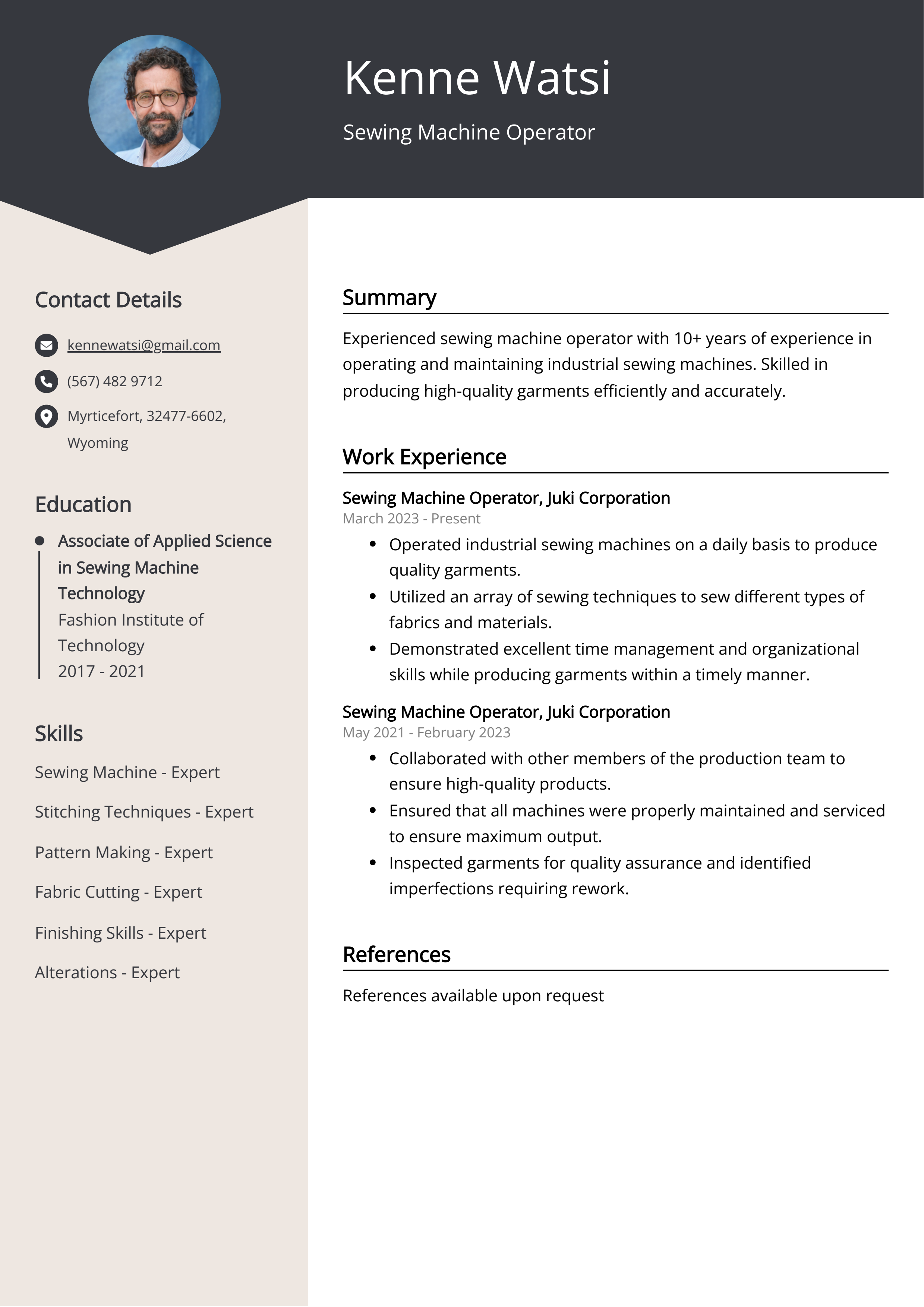 Sewing Machine Operator CV Example