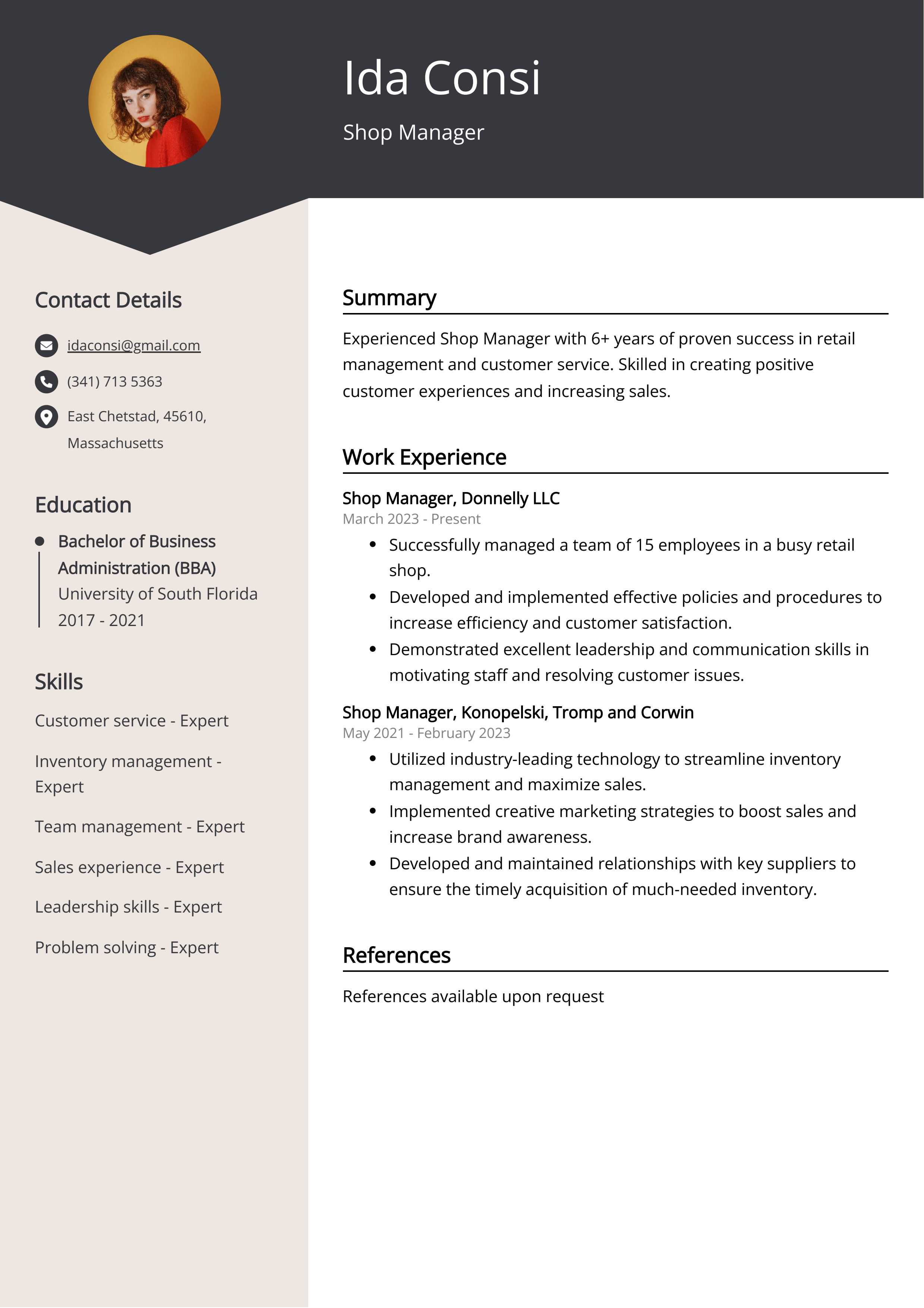 Shop Manager CV Example