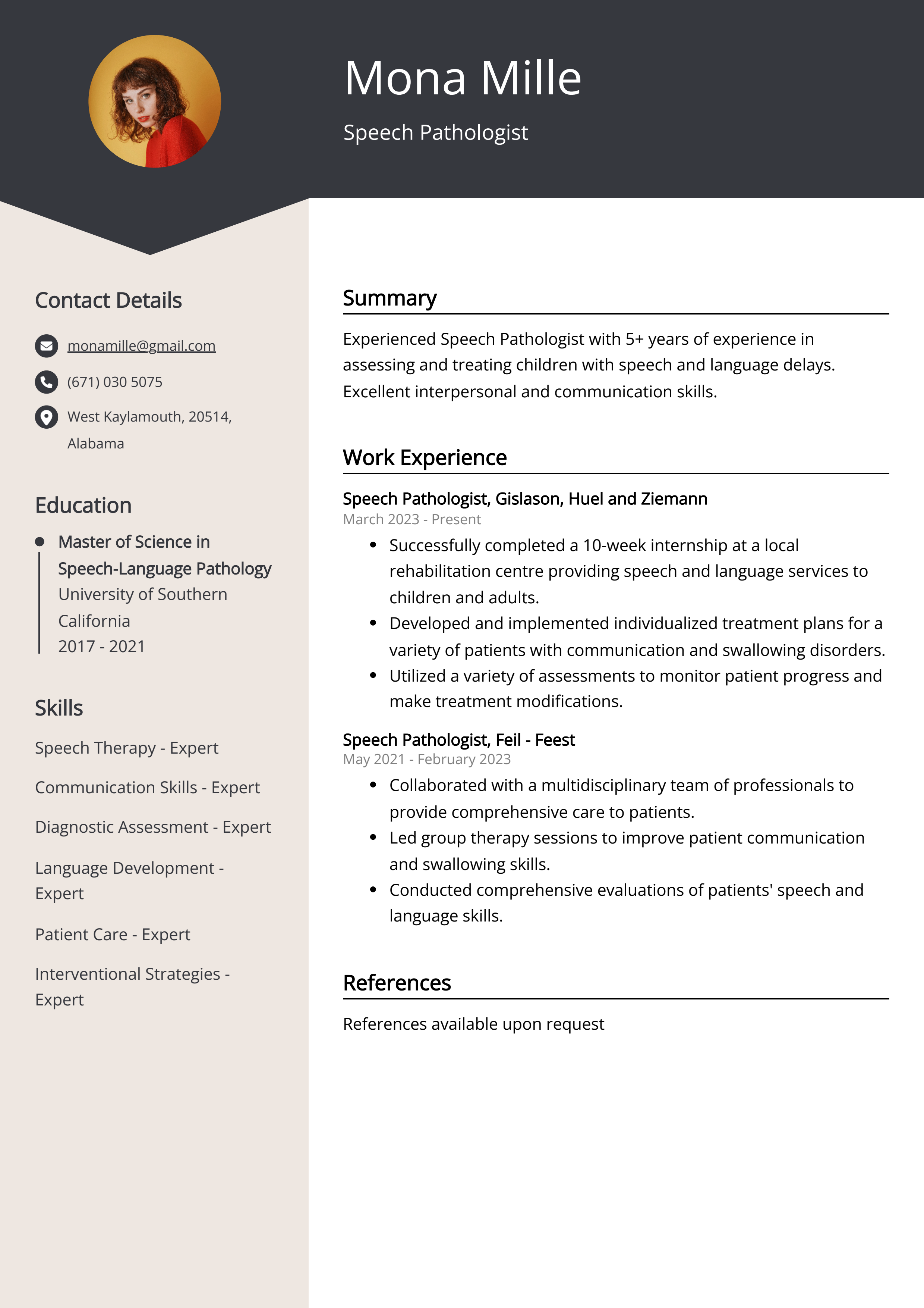 Speech Pathologist CV Example