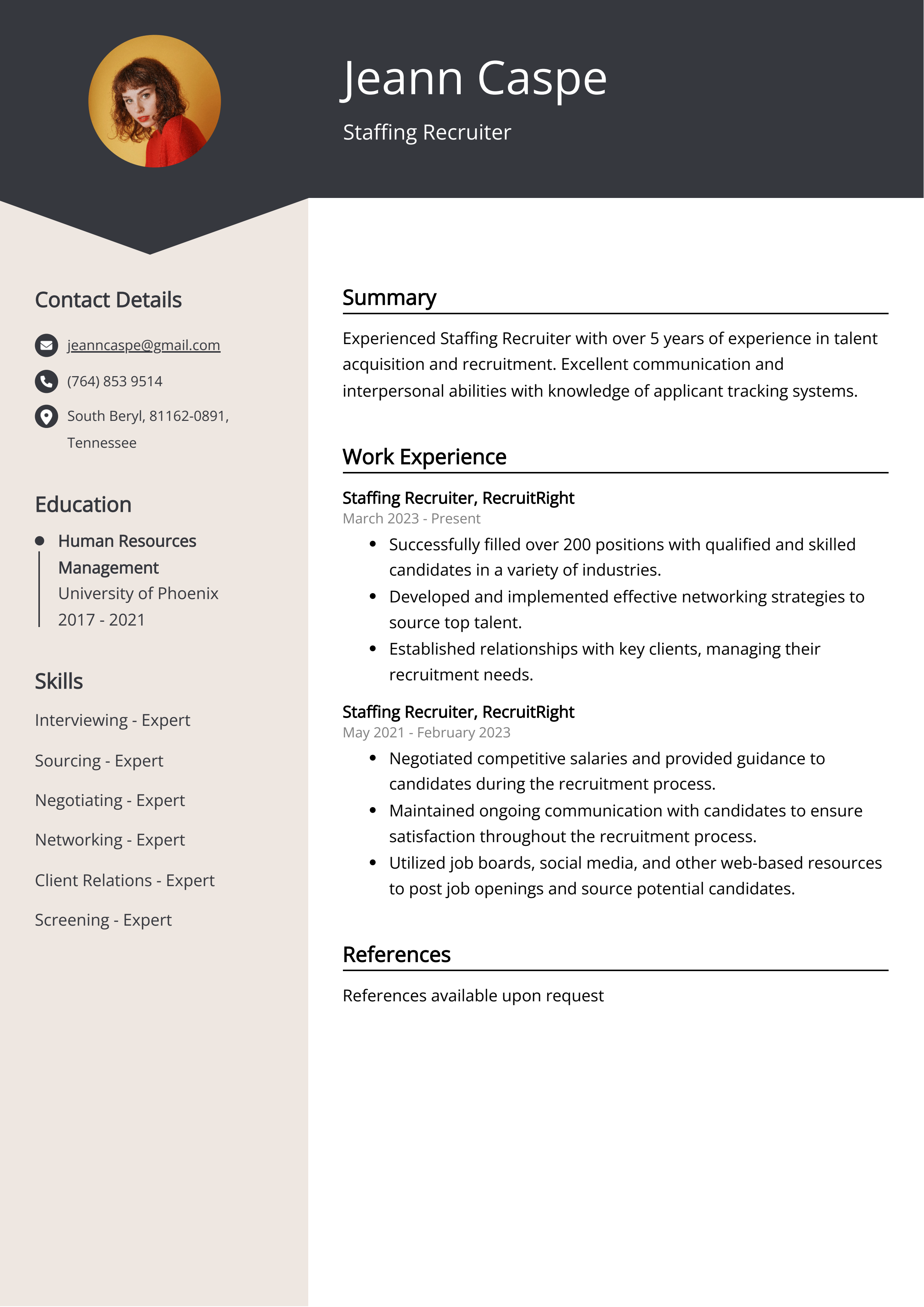 Staffing Recruiter CV Example