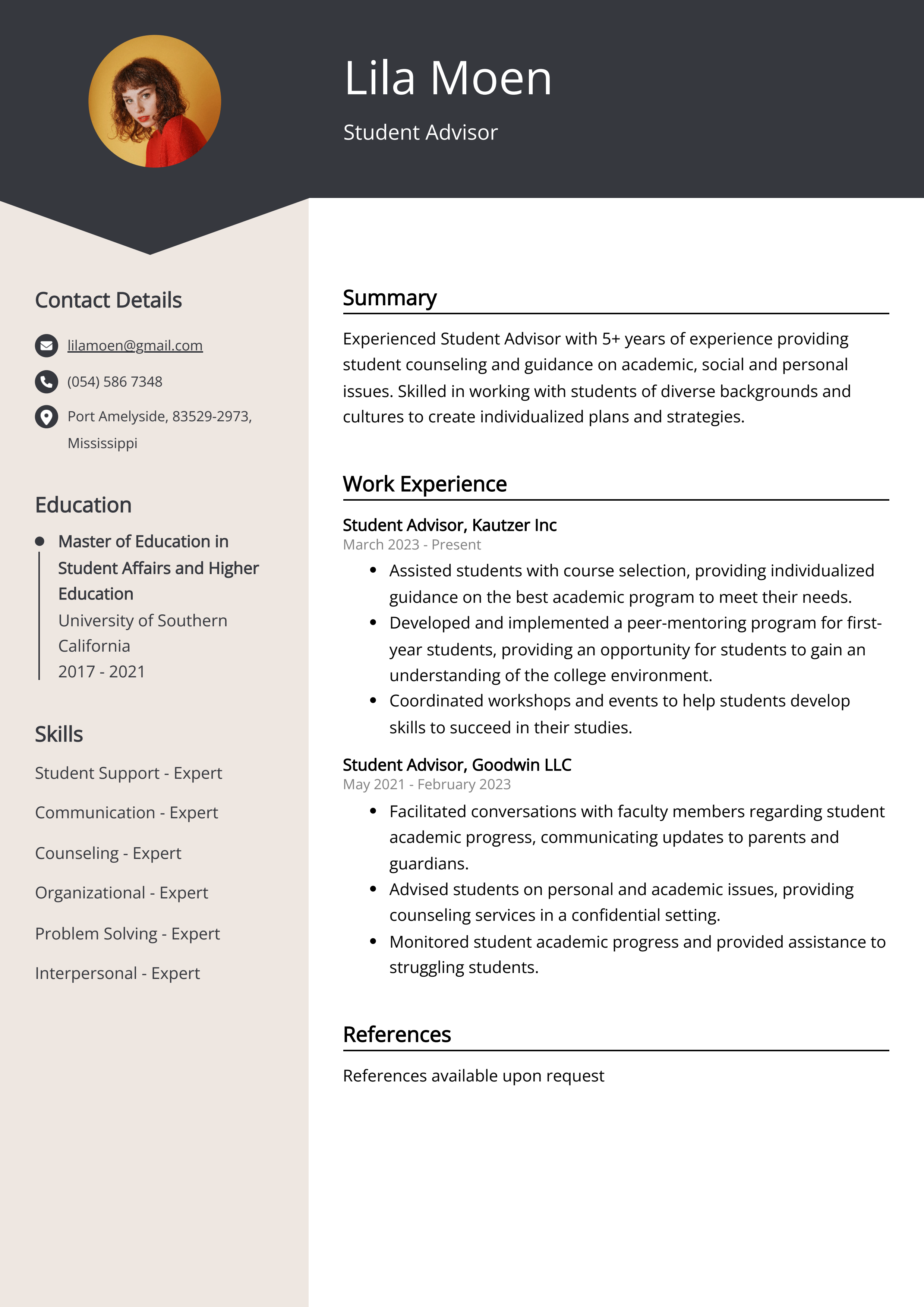 Student Advisor CV Example